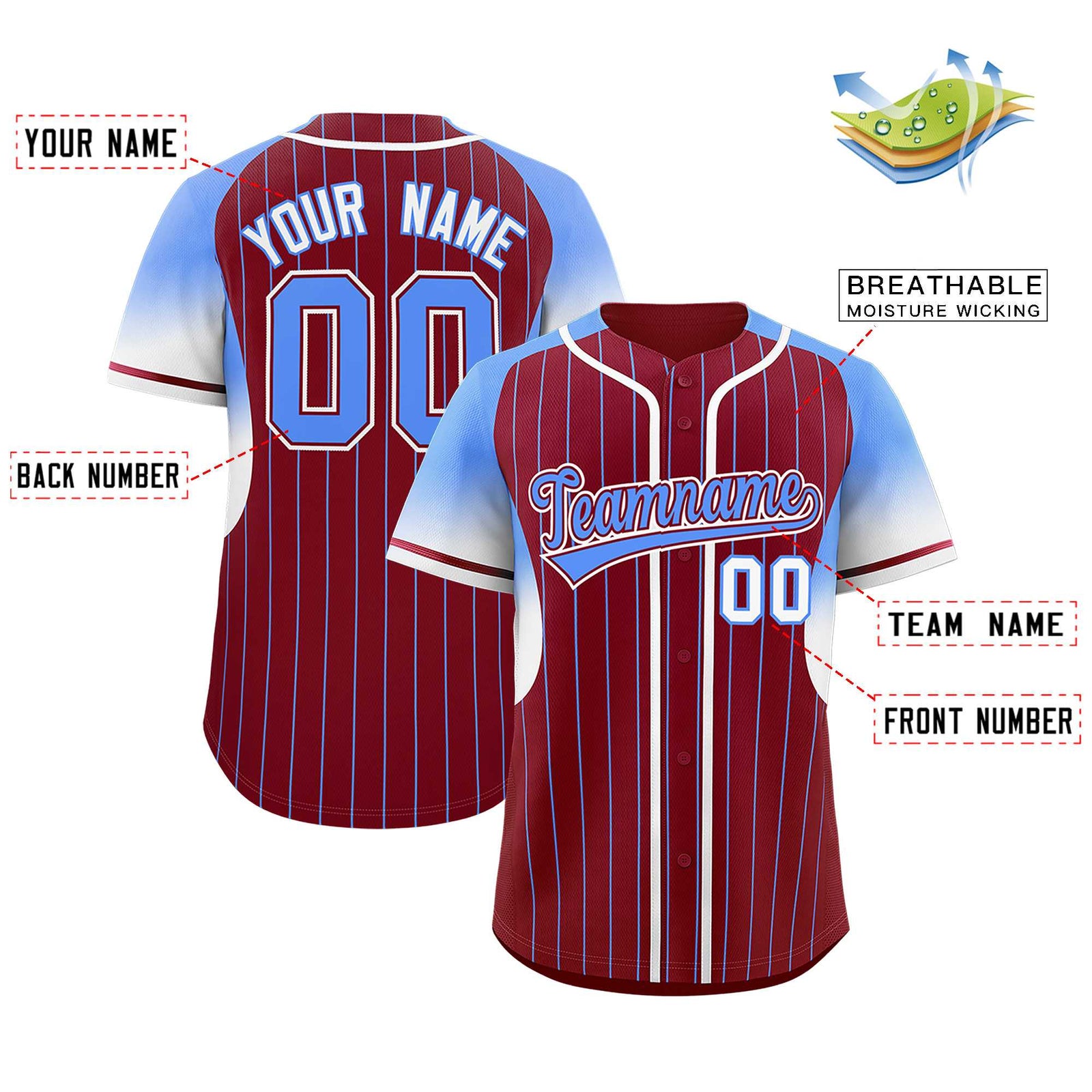 Custom Crimson Powder Blue Stripe Fashion Sleeves Gradient Authentic Baseball Jersey