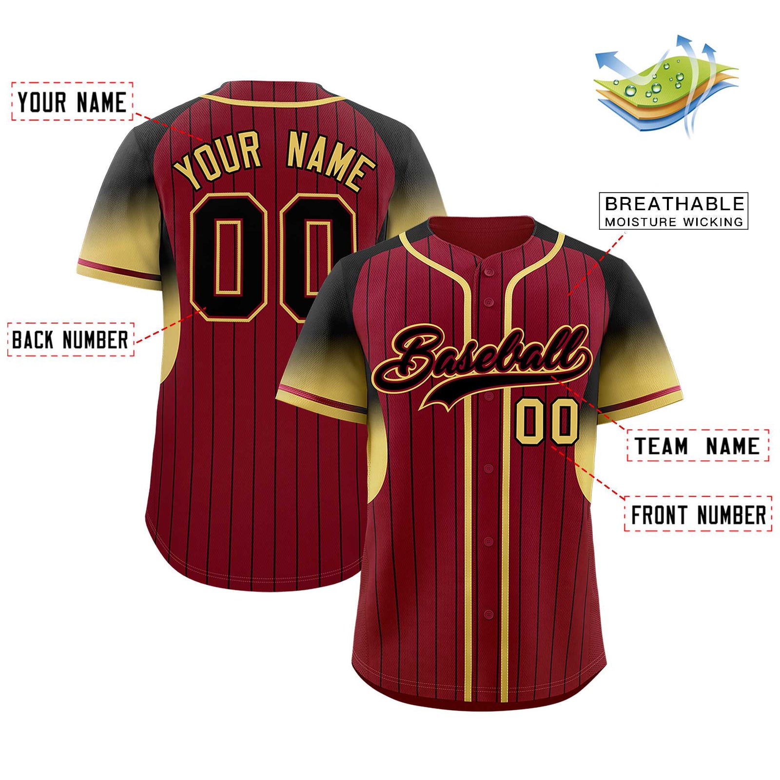 Custom Crimson Black Stripe Fashion Sleeves Gradient Authentic Baseball Jersey