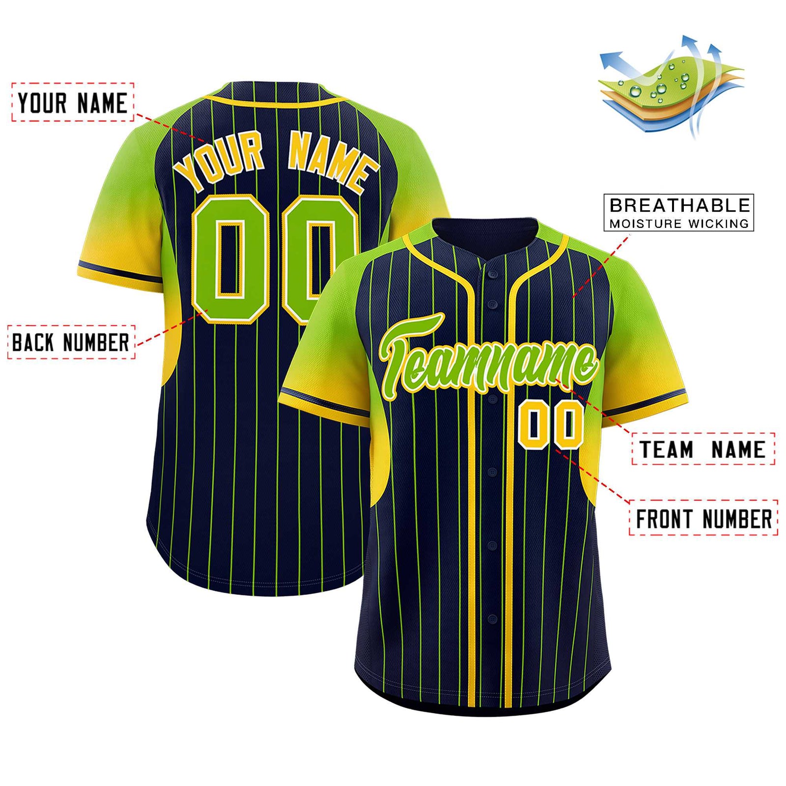 Custom Navy Neon Green Stripe Fashion Sleeves Gradient Authentic Baseball Jersey