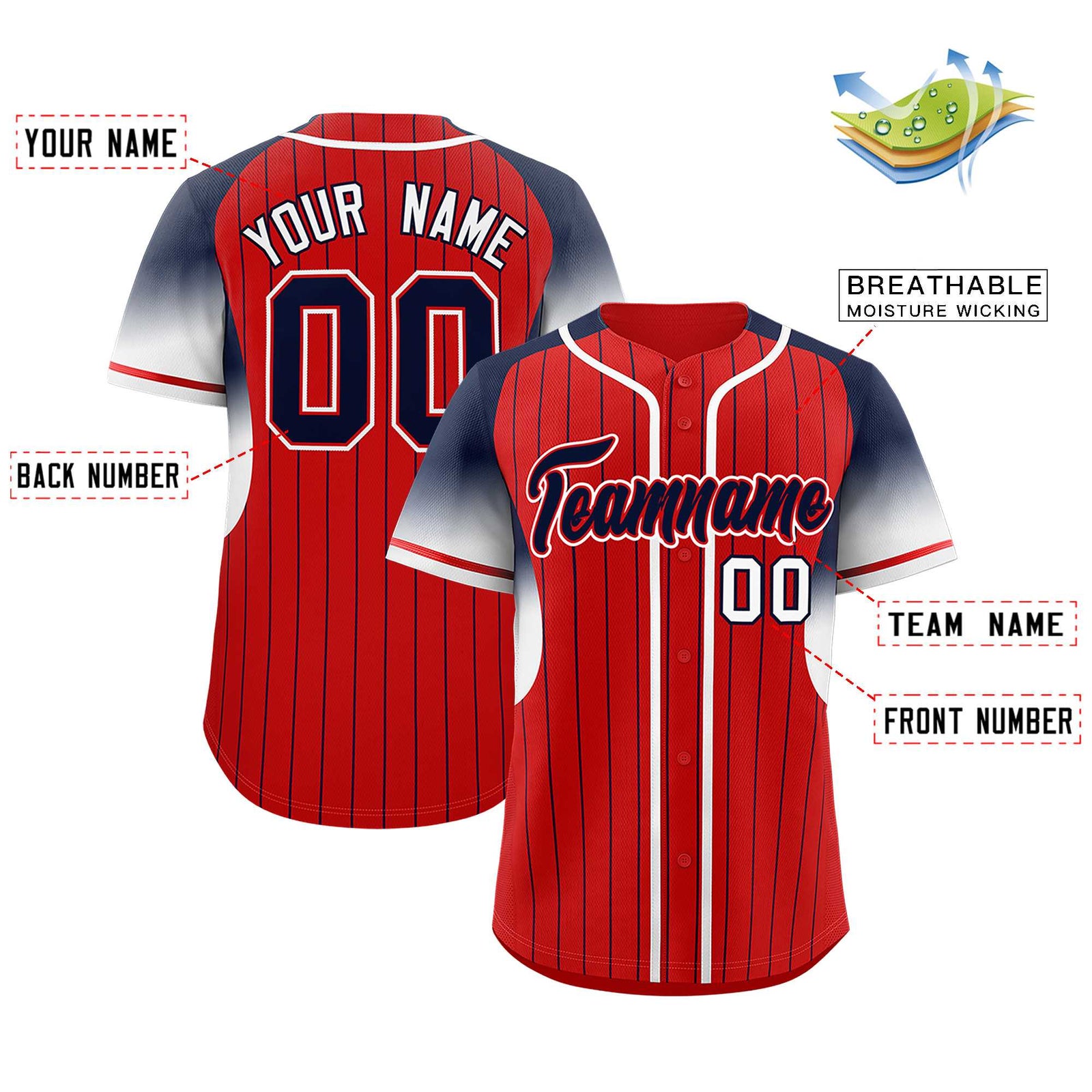 Custom Red Navy Stripe Fashion Sleeves Gradient Authentic Baseball Jersey
