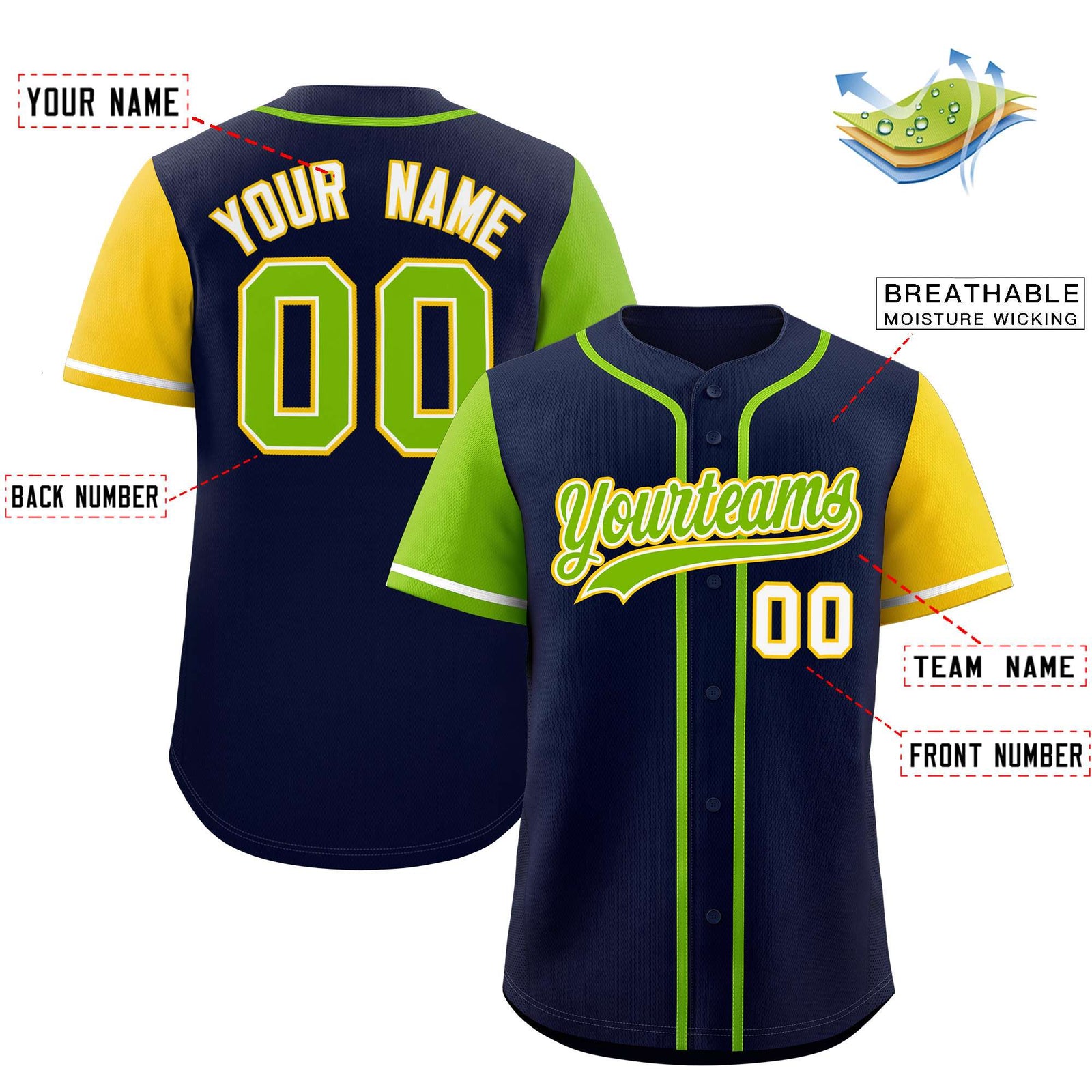 Custom Navy Neon Green and Gold Raglan Sleeves Authentic Baseball Jersey