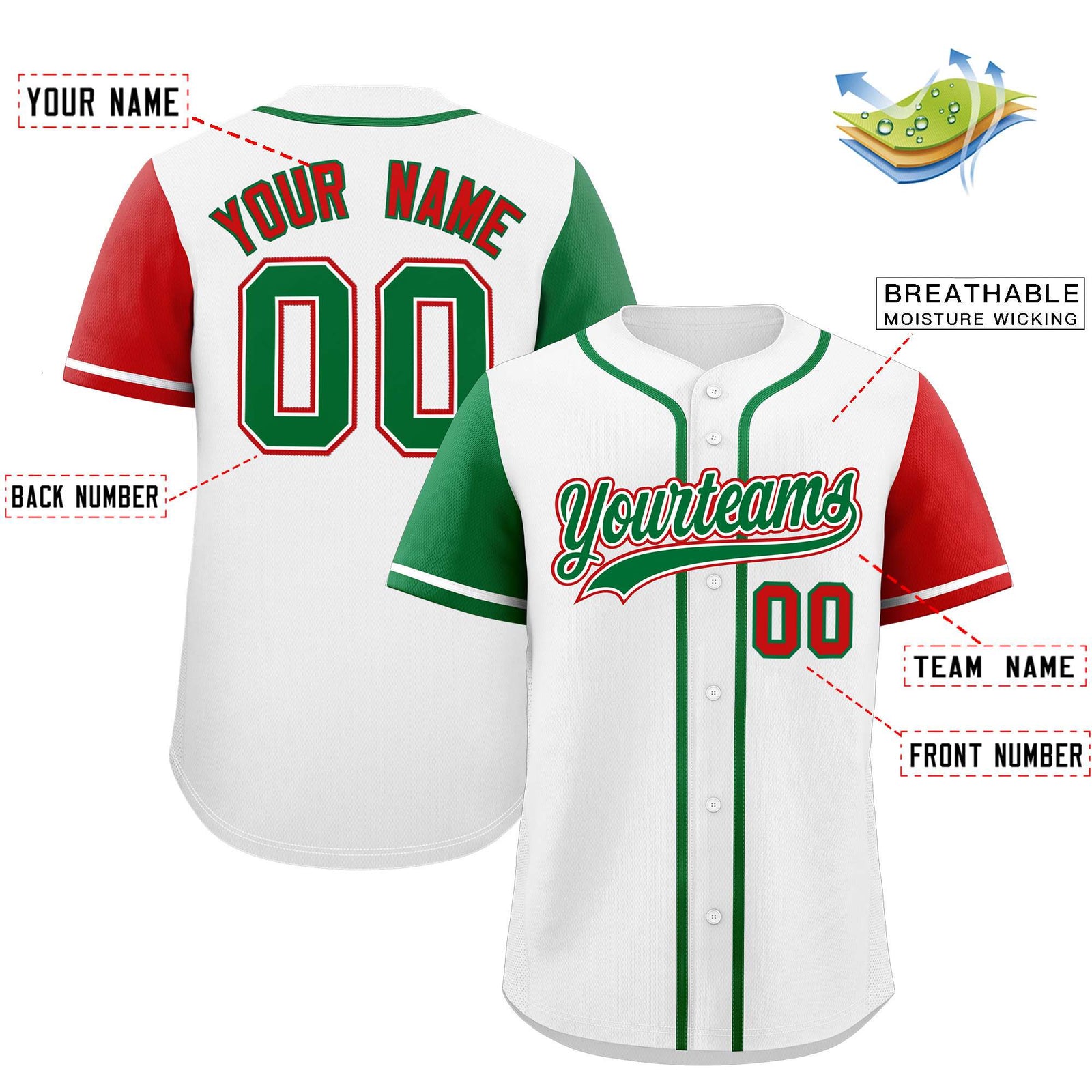 Custom White Kelly Green and Red Raglan Sleeves Authentic Baseball Jersey
