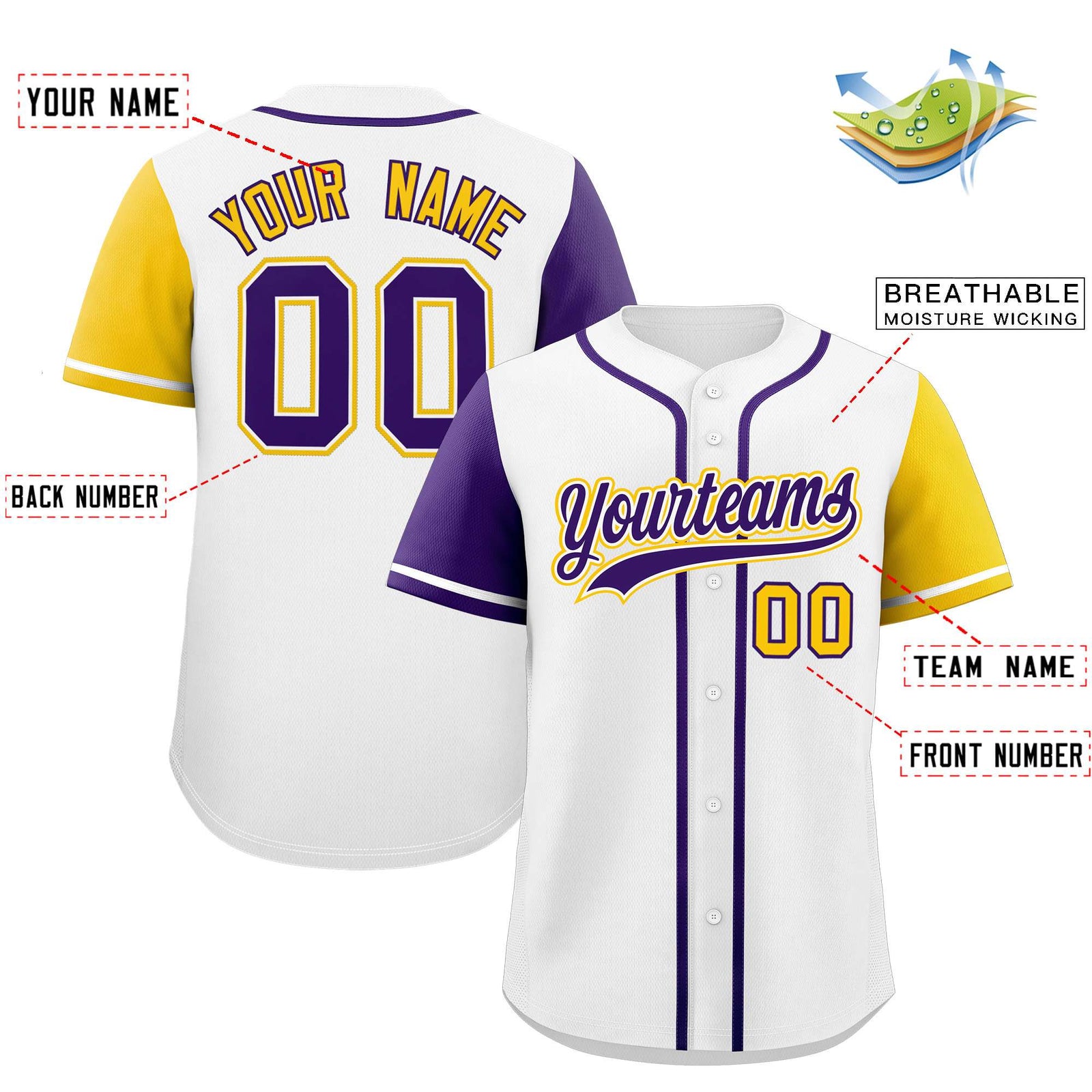 Custom White Purple and Gold Raglan Sleeves Authentic Baseball Jersey