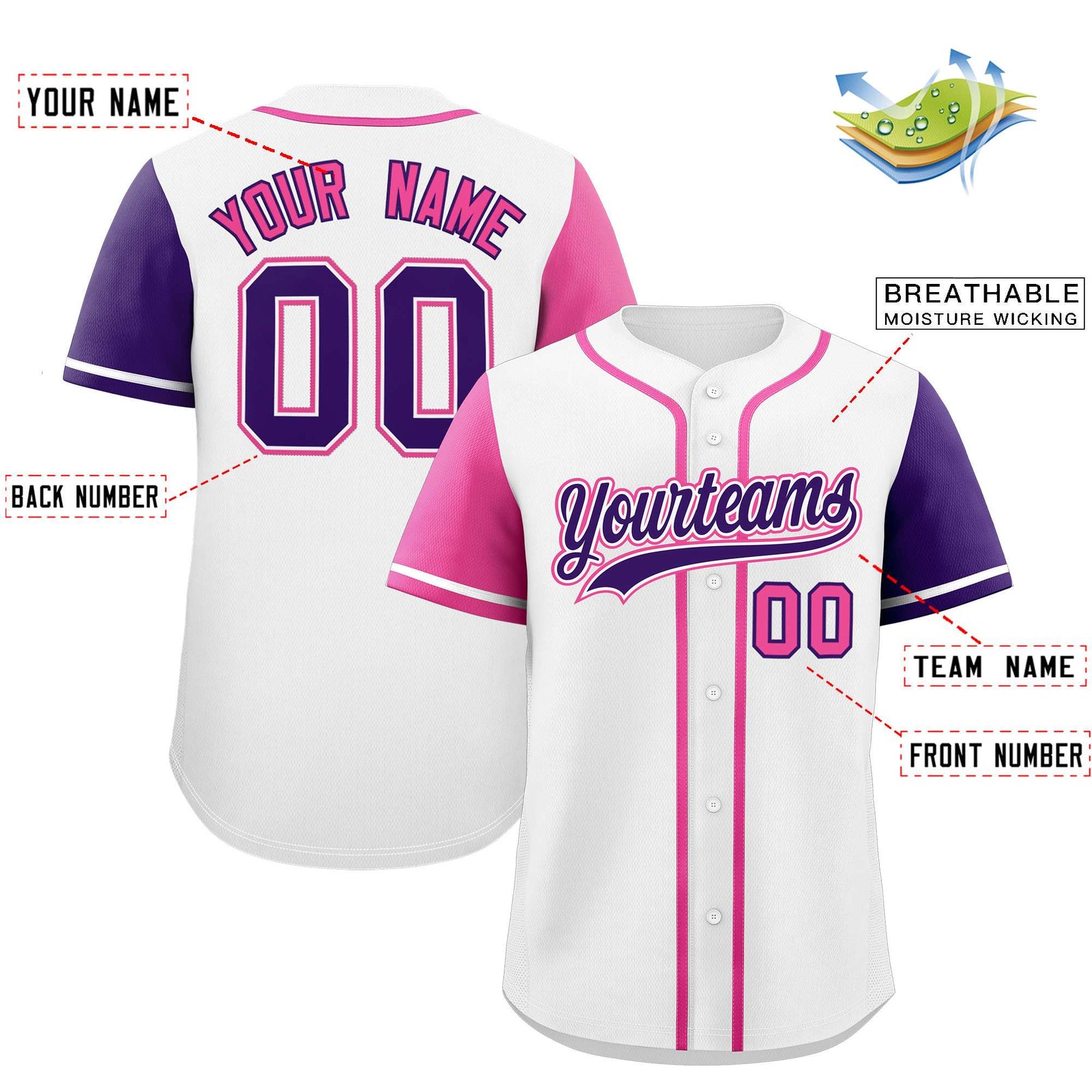 Custom White Pink and Purple Raglan Sleeves Authentic Baseball Jersey