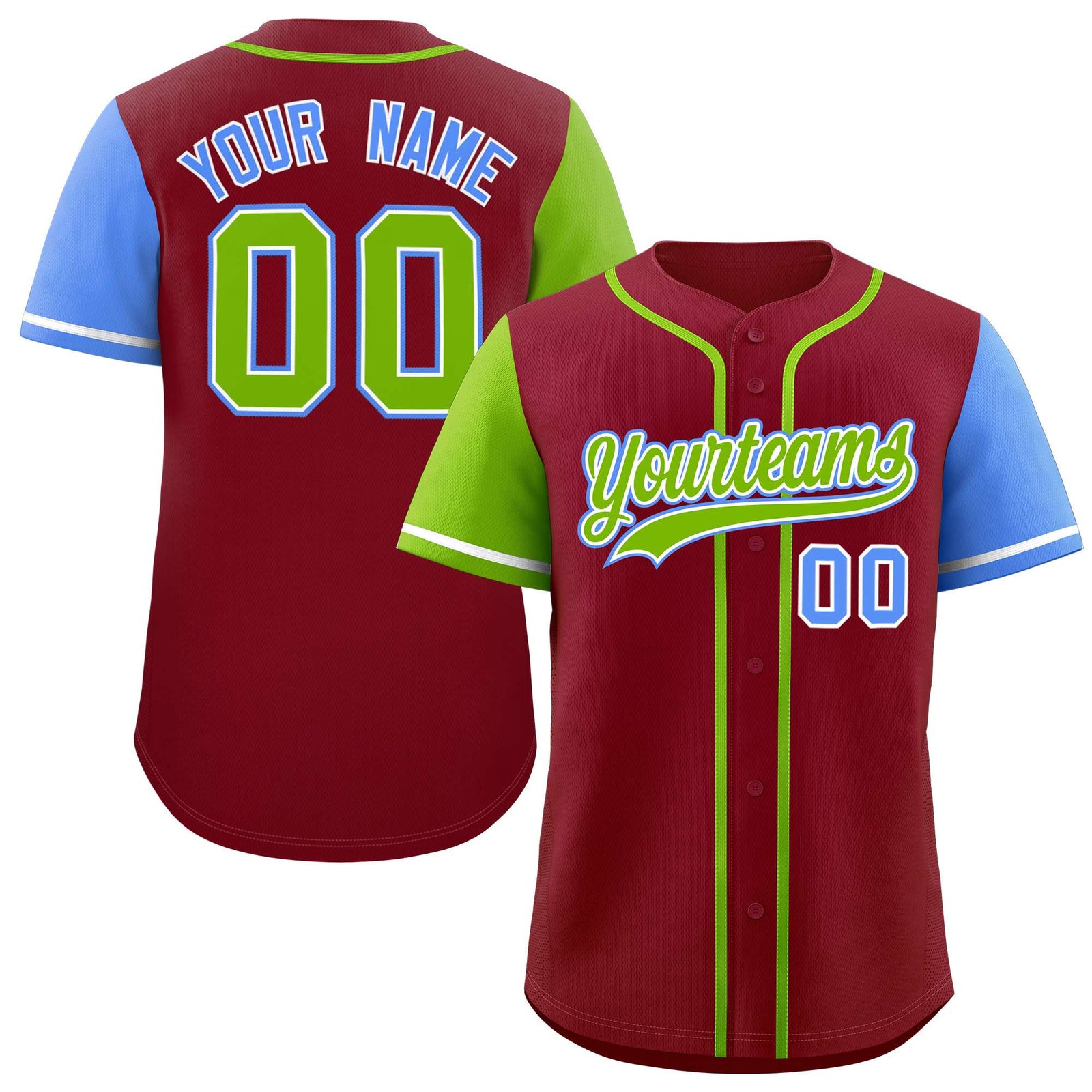 Custom Crimson Neon Green and Powder Blue Raglan Sleeves Authentic Baseball Jersey