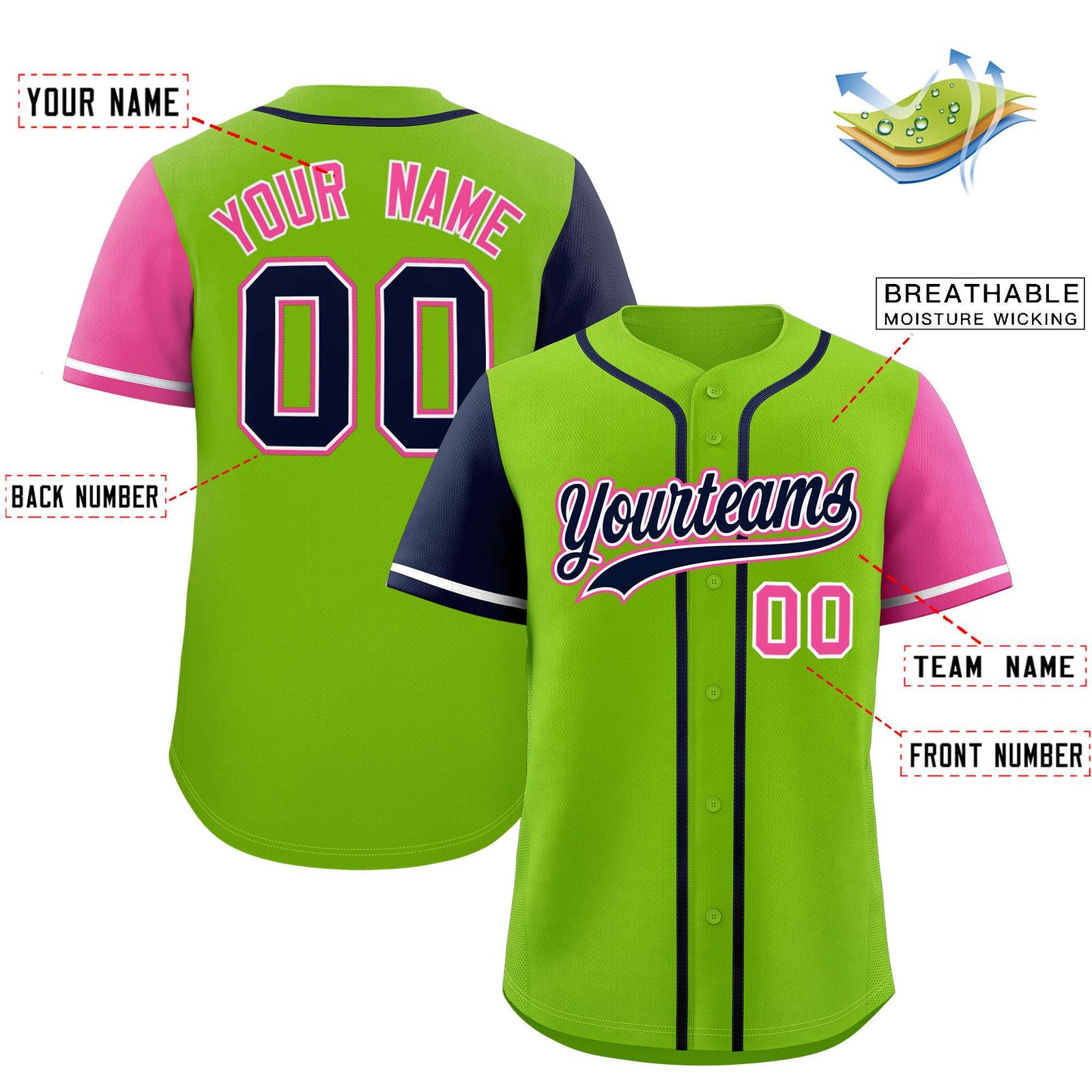 Custom Neon Green Navy and Pink Raglan Sleeves Authentic Baseball Jersey