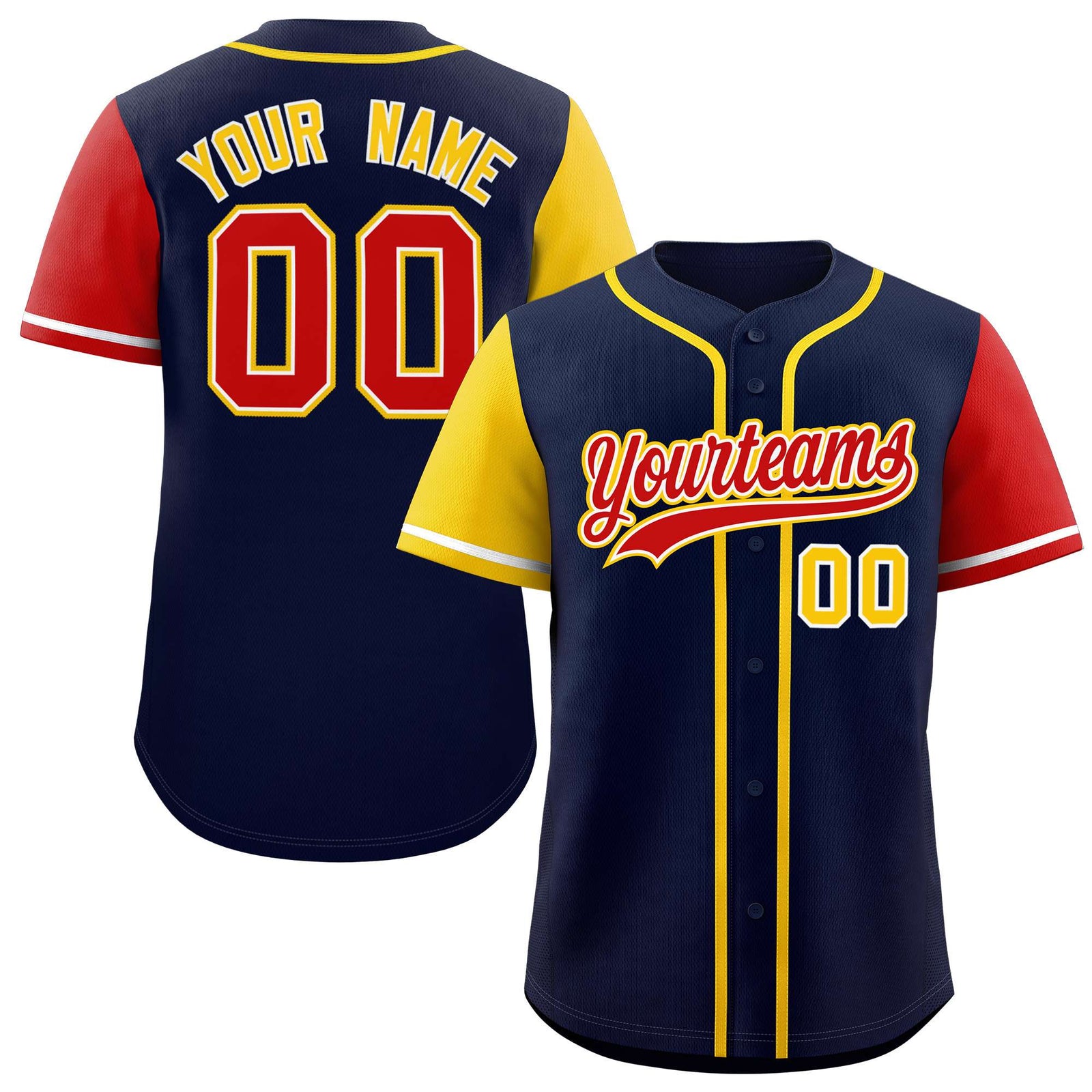 Custom Navy Gold and Red Raglan Sleeves Authentic Baseball Jersey