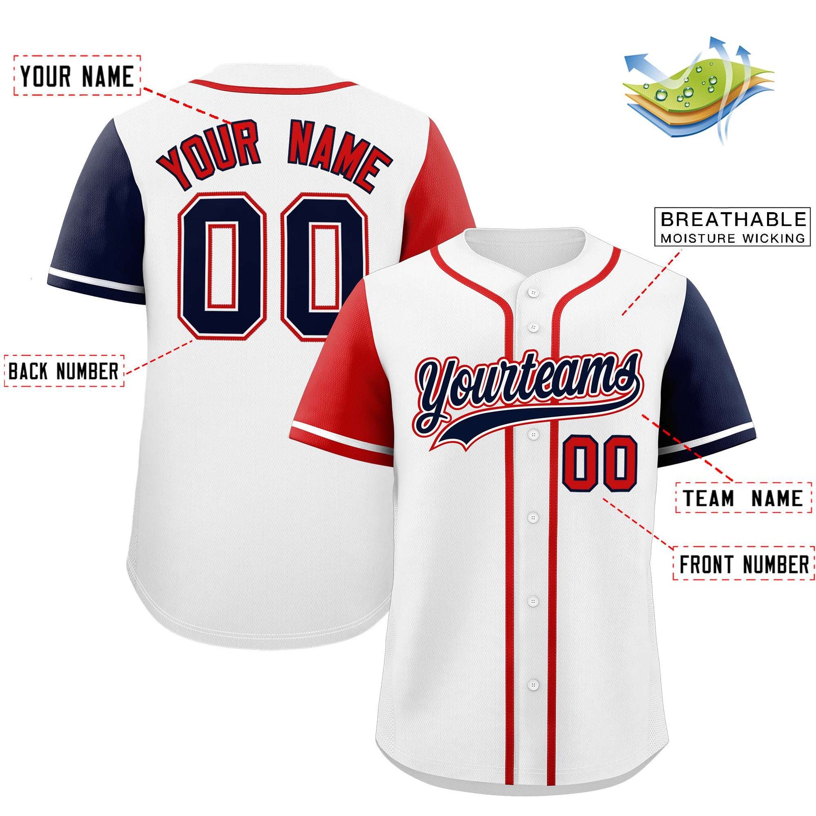 Custom White Red and Navy Raglan Sleeves Authentic Baseball Jersey