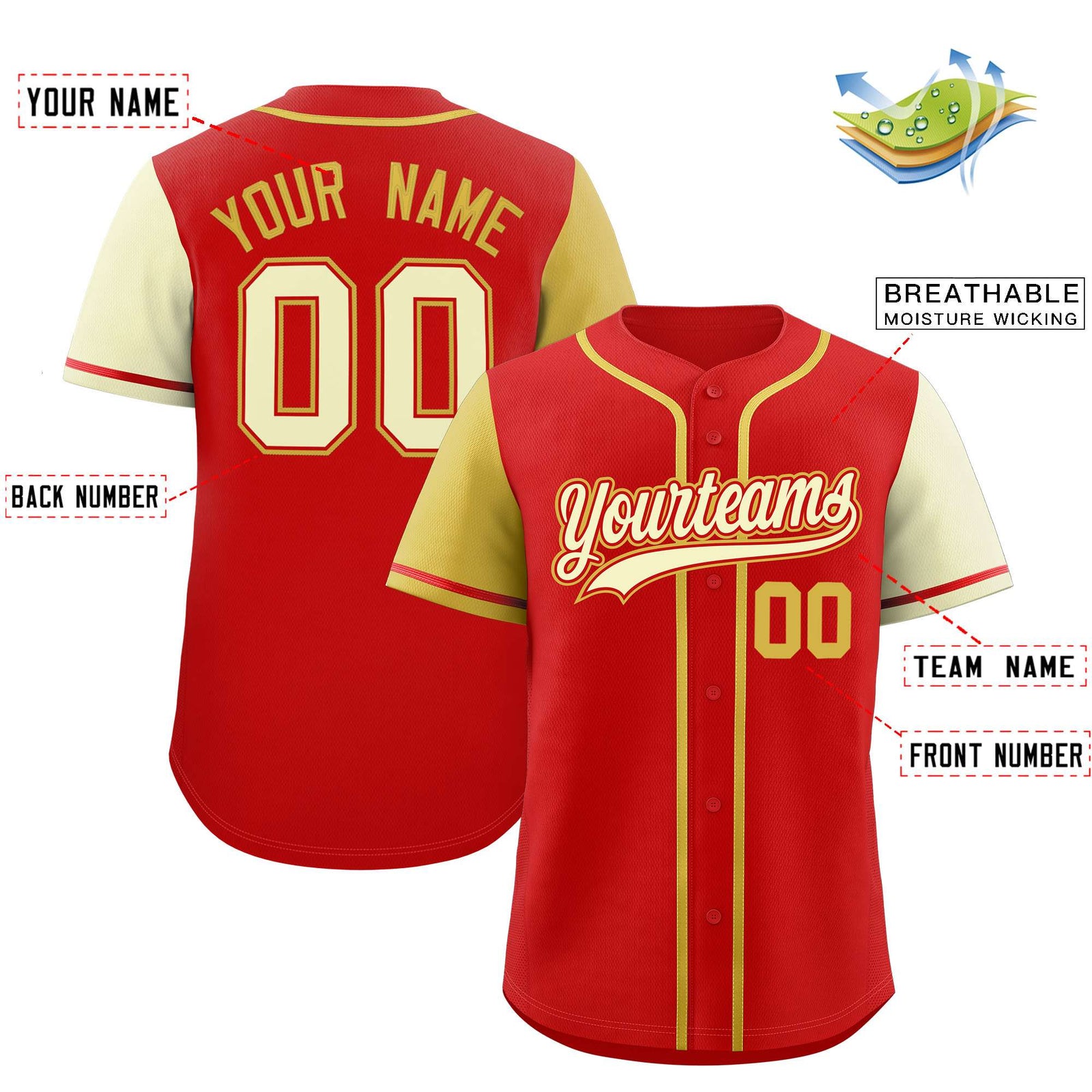 Custom Red Old Gold and Cream Raglan Sleeves Authentic Baseball Jersey
