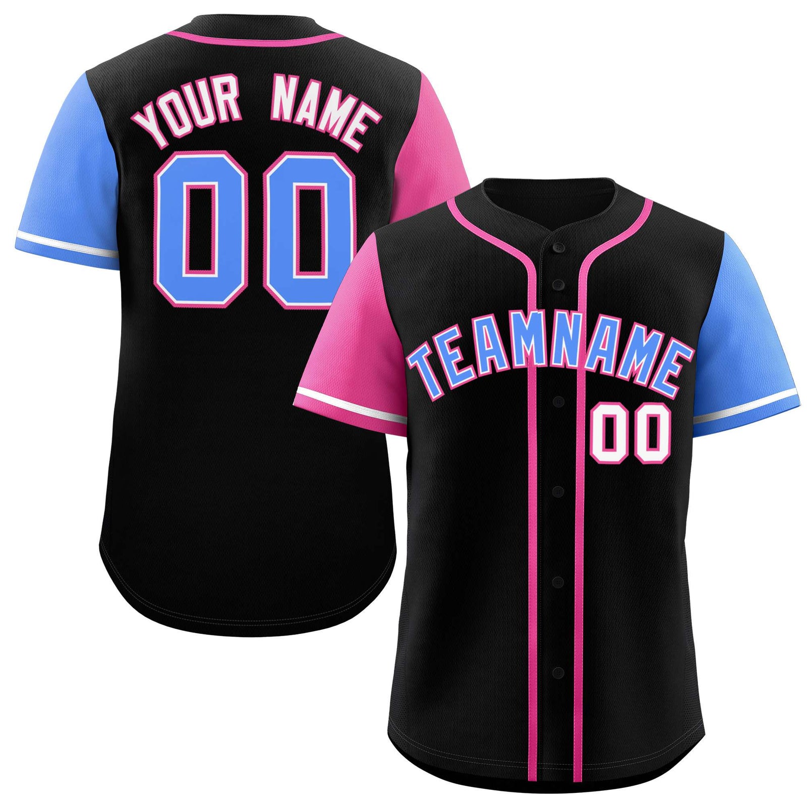 Custom Black Pink and Powder Blue Raglan Sleeves Authentic Baseball Jersey