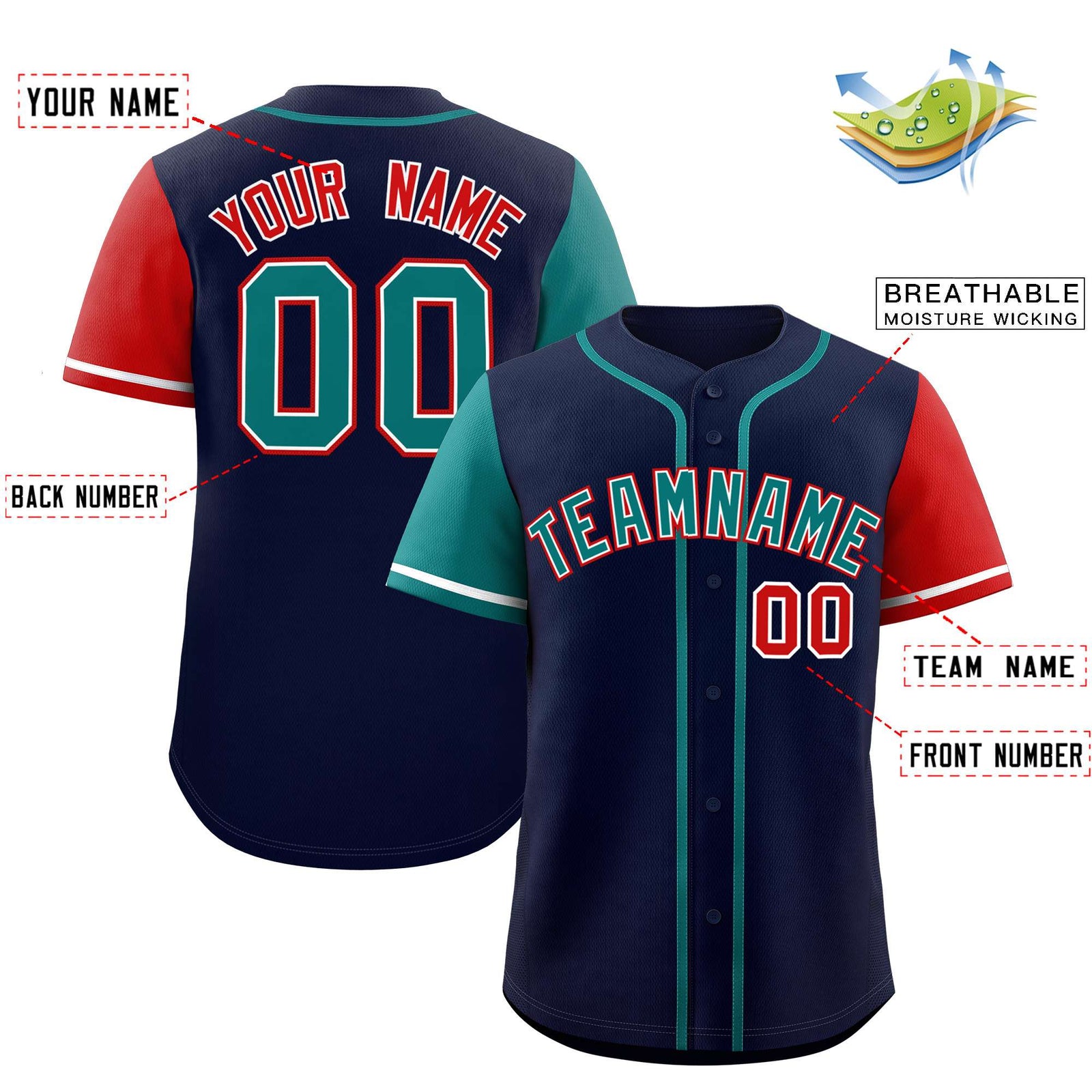 Custom Navy Aqua and Red Raglan Sleeves Authentic Baseball Jersey