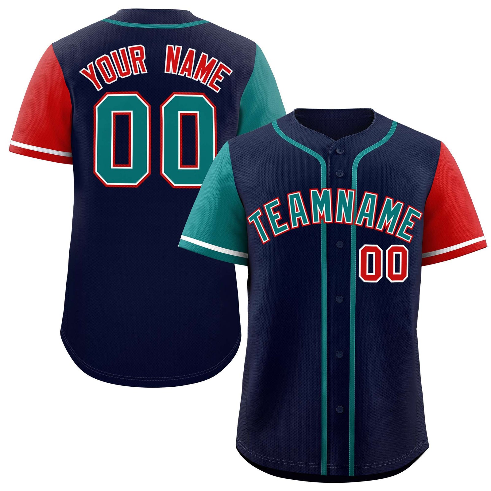 Custom Navy Aqua and Red Raglan Sleeves Authentic Baseball Jersey