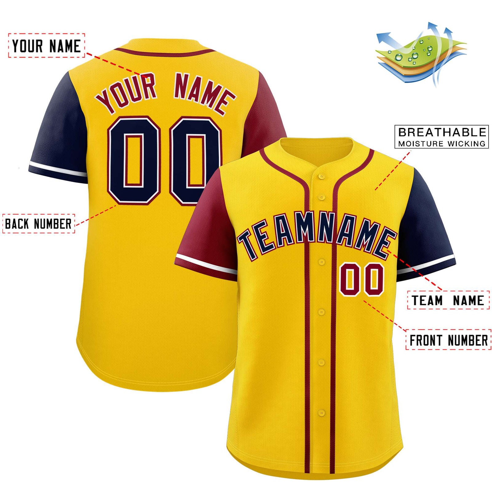 Custom Gold Crimson and Navy Raglan Sleeves Authentic Baseball Jersey