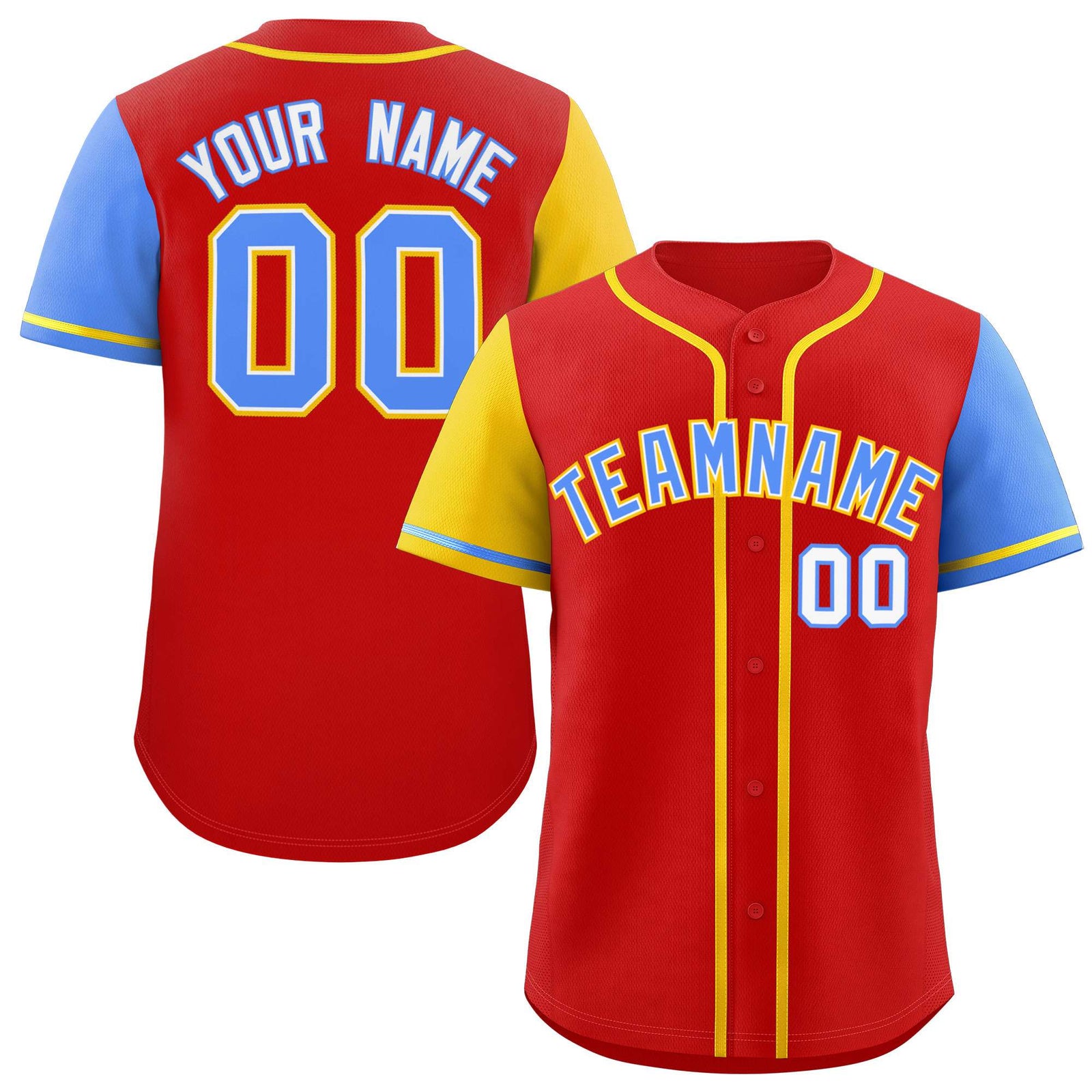 Custom Red Gold and Powder Blue Raglan Sleeves Authentic Baseball Jersey