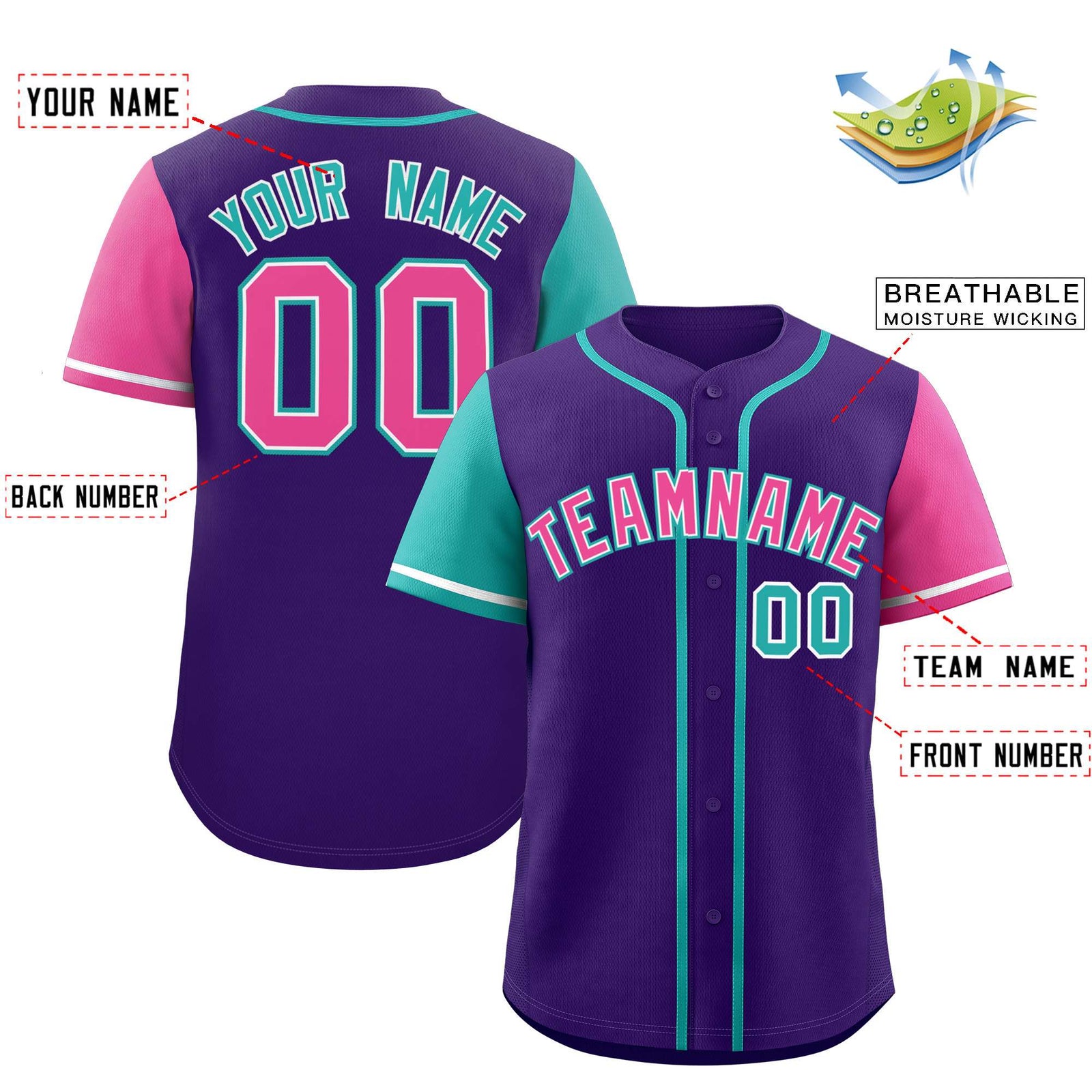 Custom Purple Aqua and Pink Raglan Sleeves Authentic Baseball Jersey