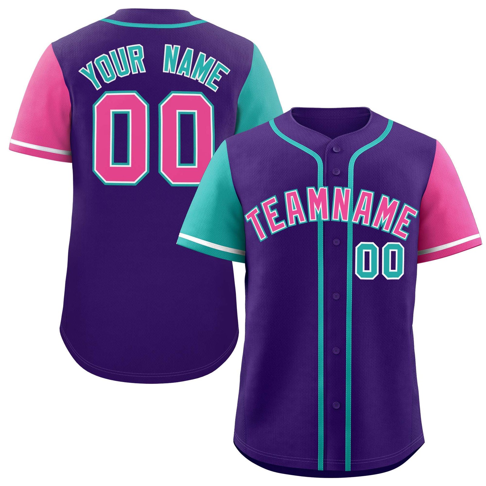 Custom Purple Aqua and Pink Raglan Sleeves Authentic Baseball Jersey