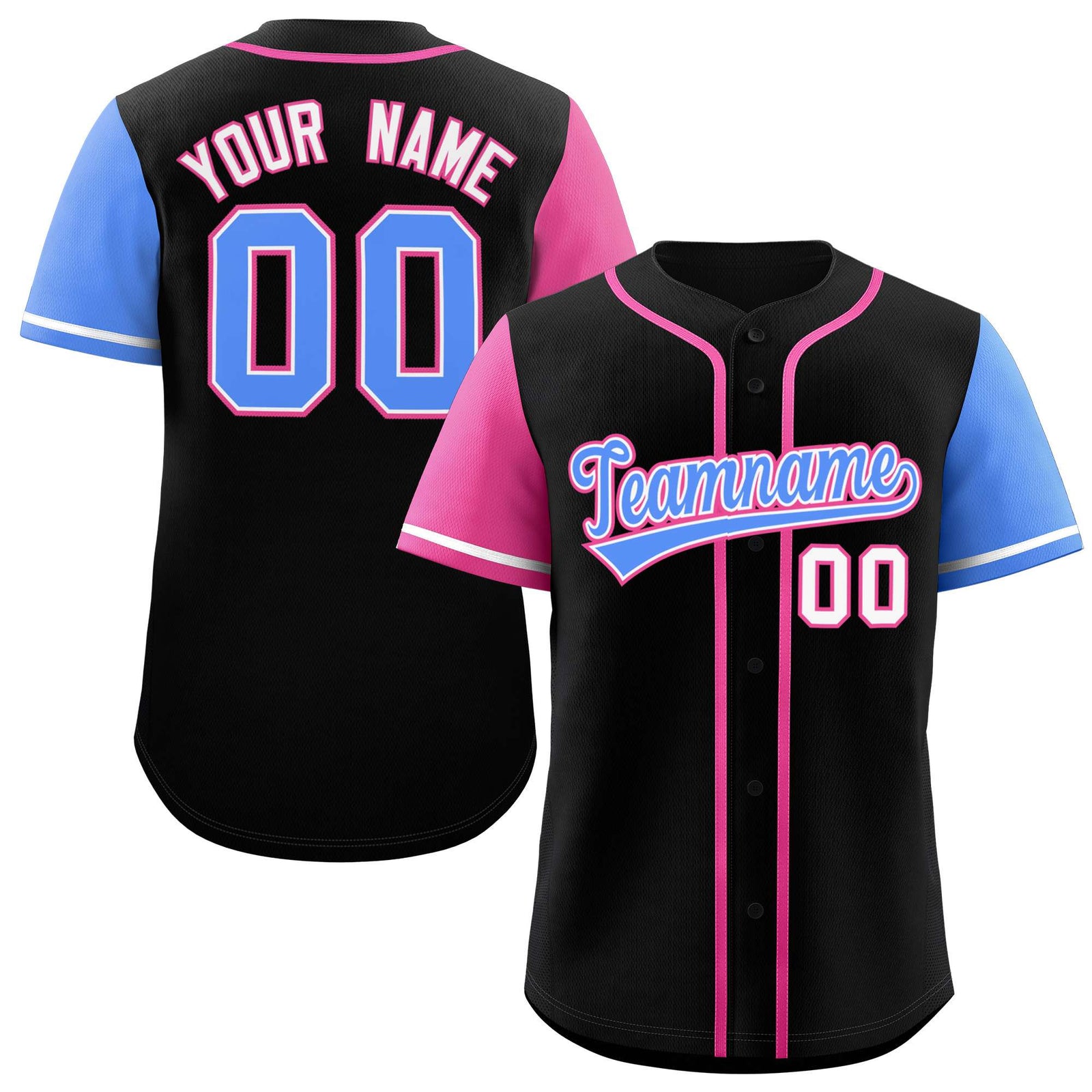 Custom Black Pink and Powder Blue Raglan Sleeves Authentic Baseball Jersey