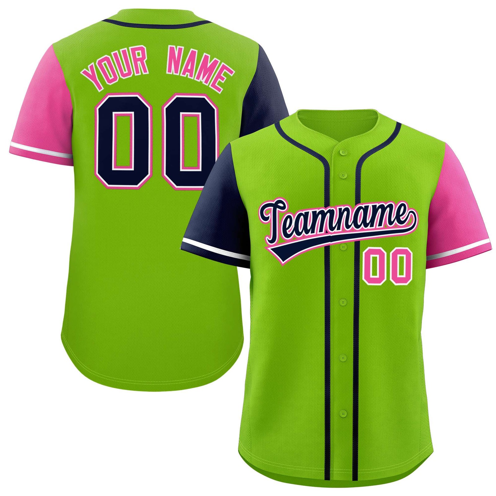 Custom Neon Green Navy and Pink Raglan Sleeves Authentic Baseball Jersey