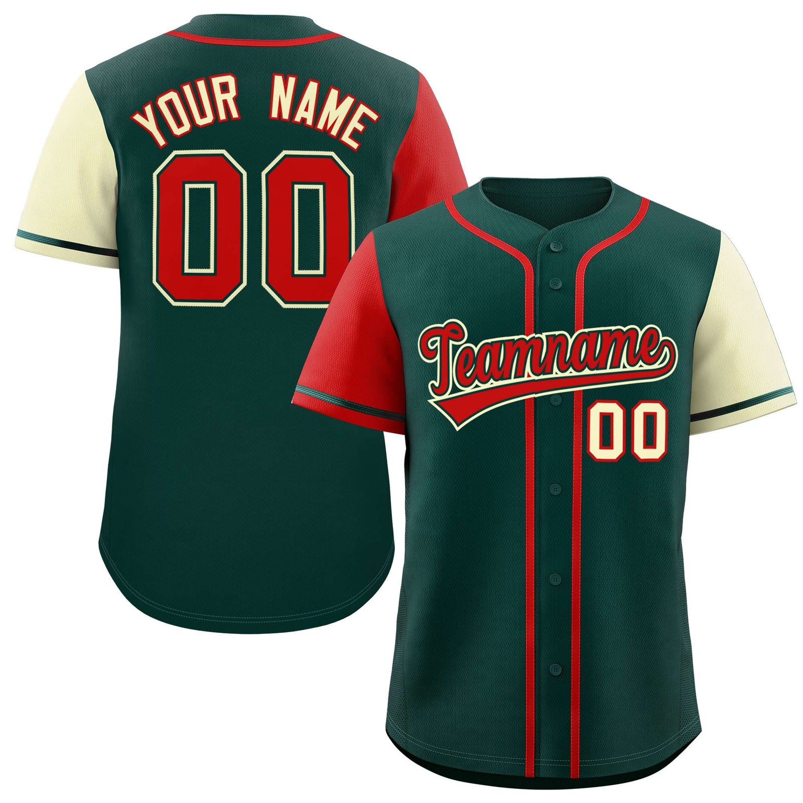 Custom Midnight Green Red and Cream Raglan Sleeves Authentic Baseball Jersey