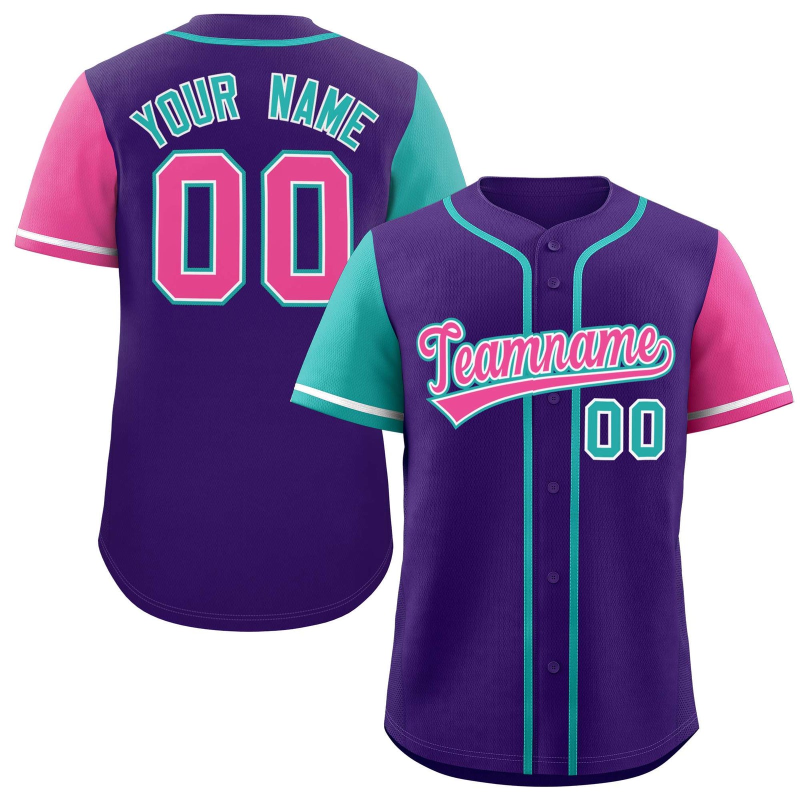Custom Purple Aqua and Pink Raglan Sleeves Authentic Baseball Jersey