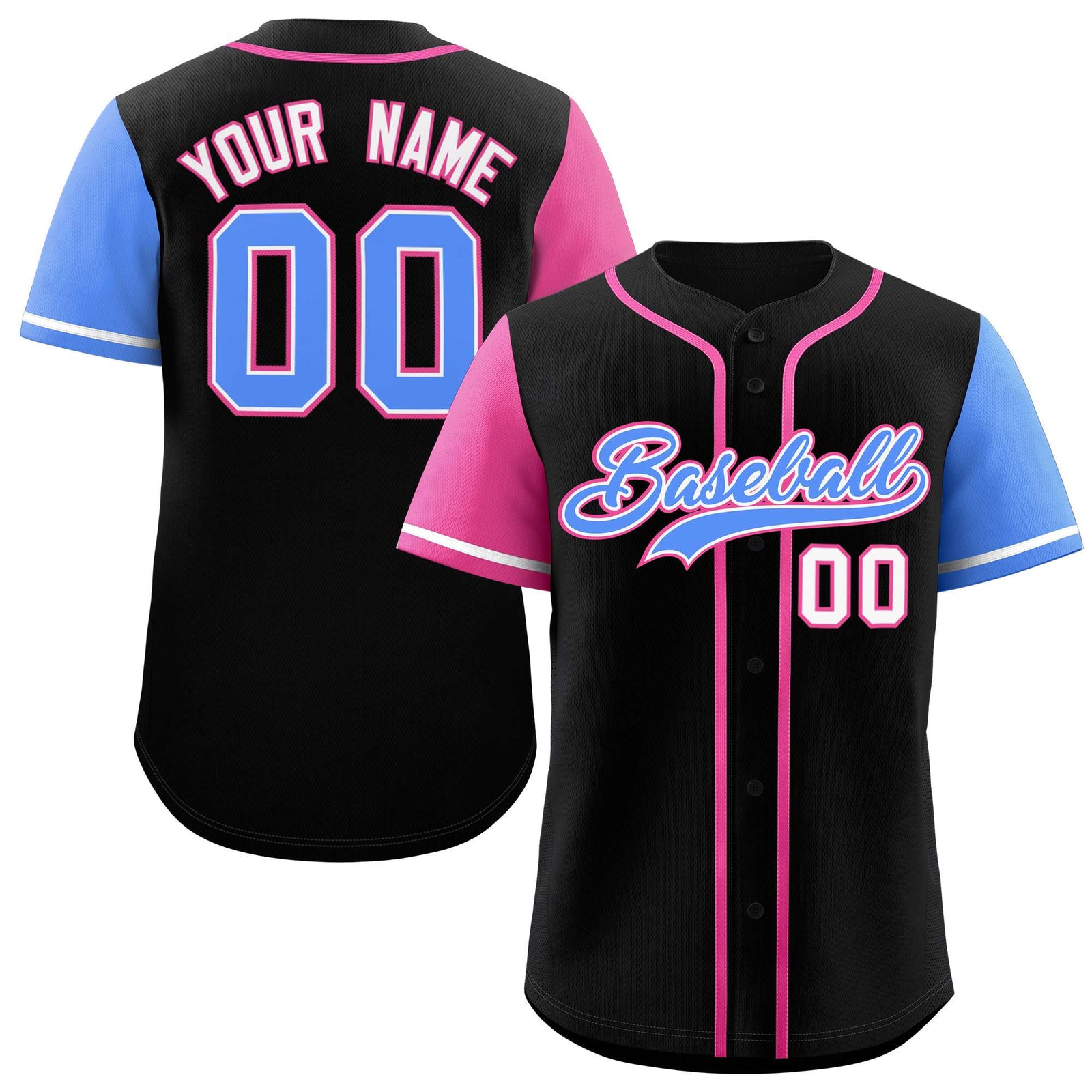 Custom Black Pink and Powder Blue Raglan Sleeves Authentic Baseball Jersey