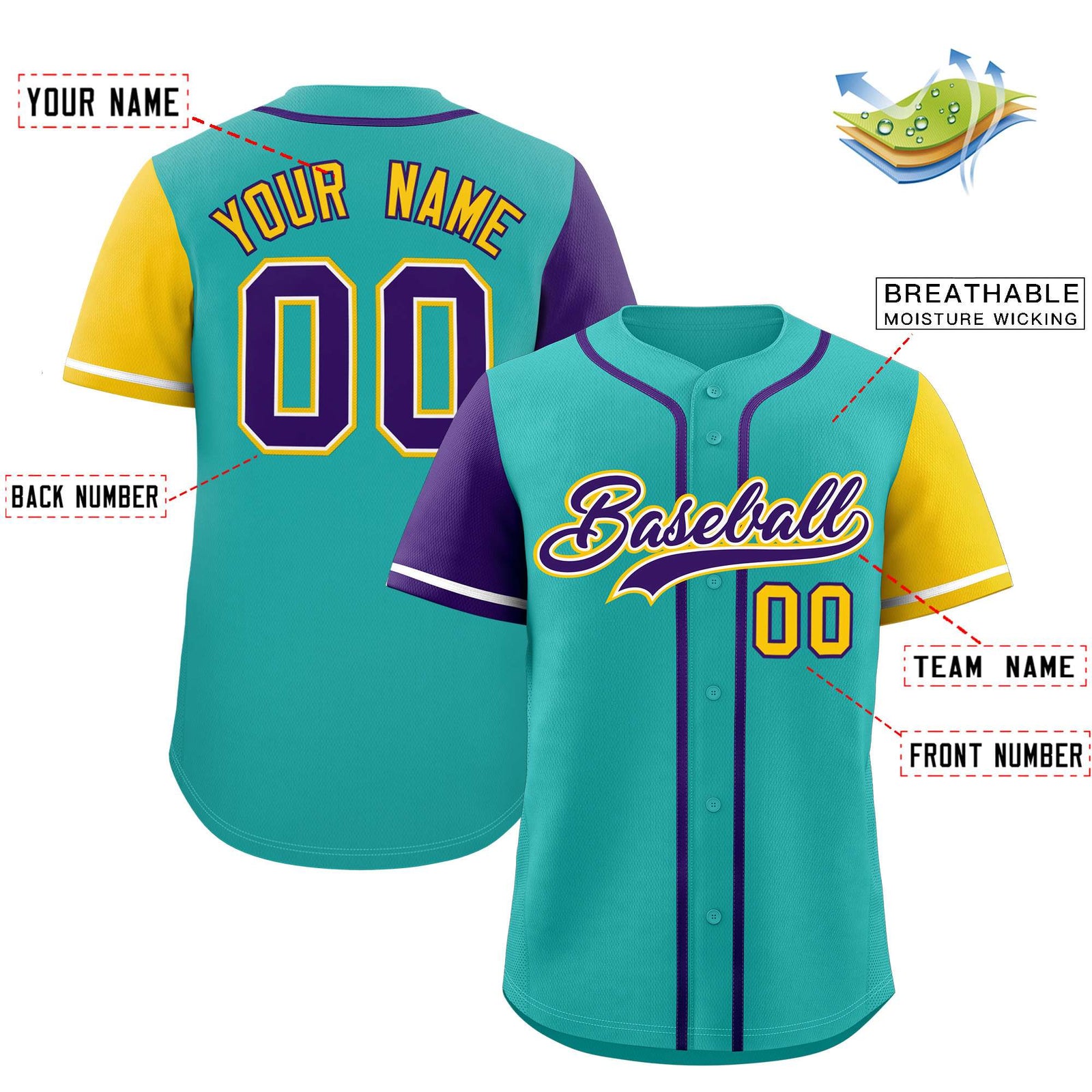 Custom Aqua Purple and Gold Raglan Sleeves Authentic Baseball Jersey