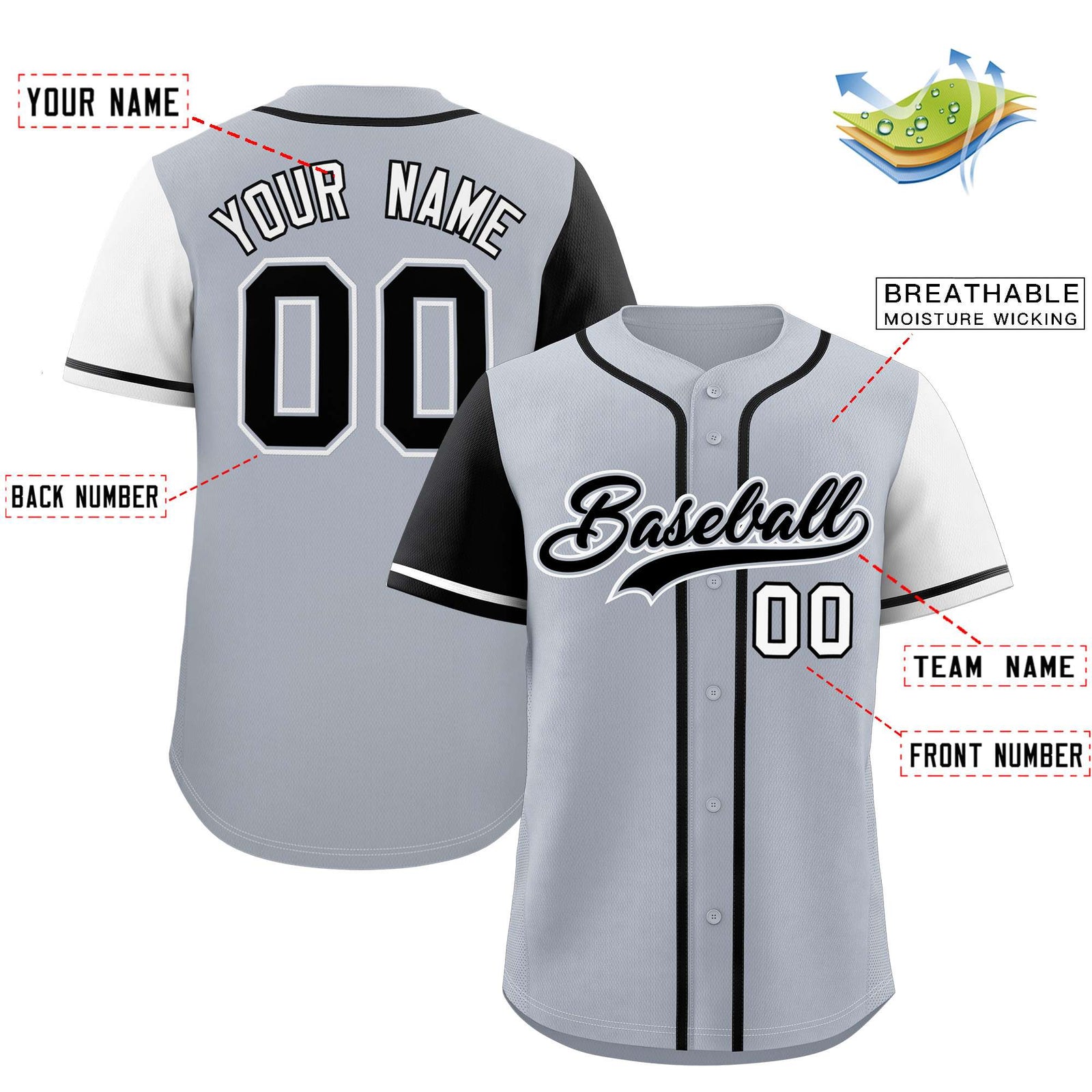 Custom Silver Black and White Raglan Sleeves Authentic Baseball Jersey