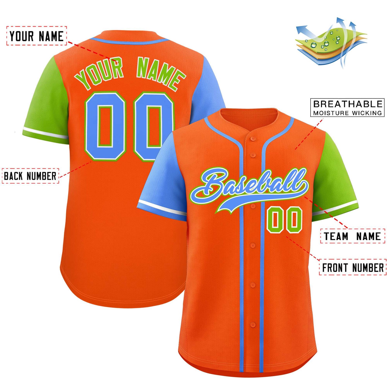 Custom Orange Powder Blue and Neon Green Raglan Sleeves Authentic Baseball Jersey