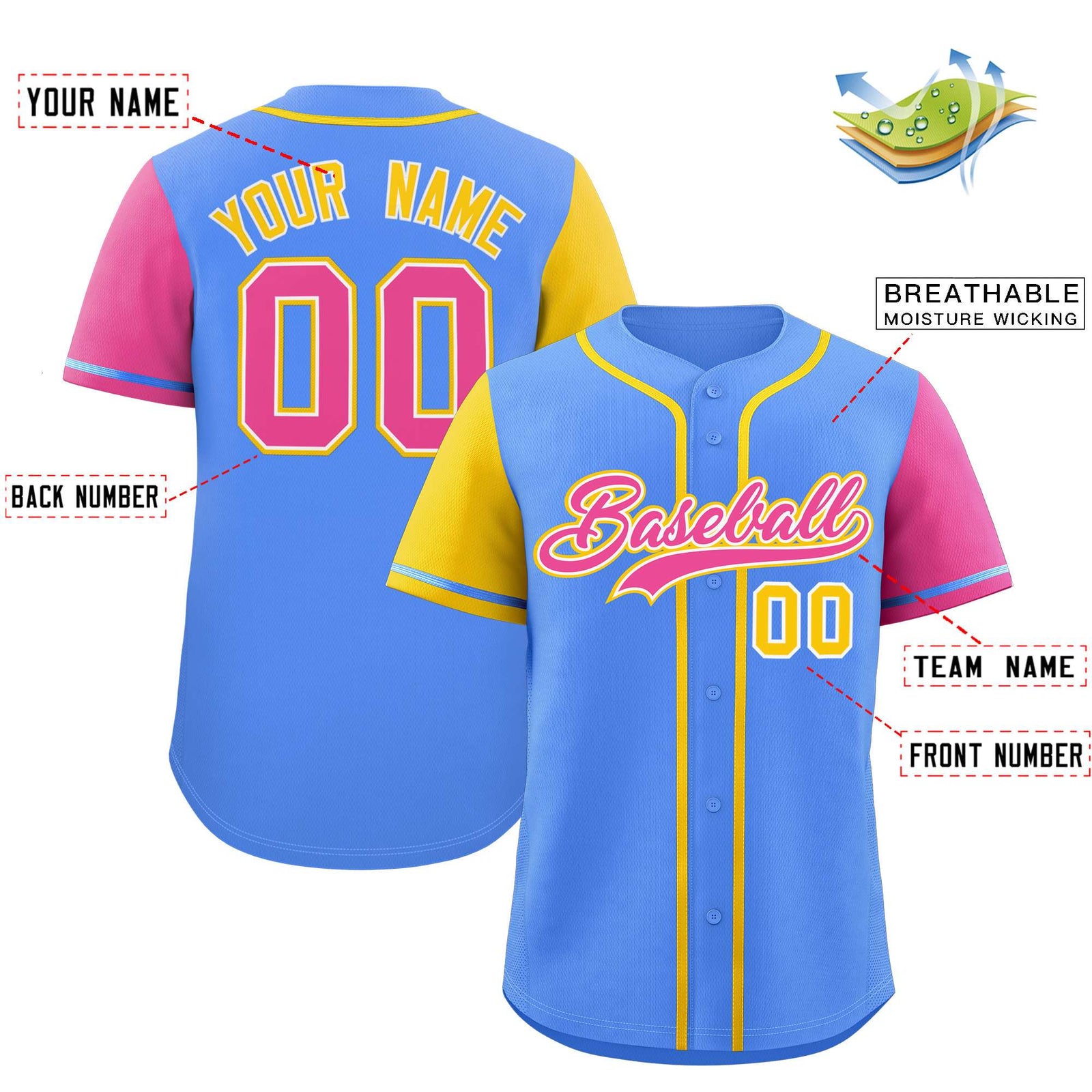 Custom Powder Blue Gold and Pink Raglan Sleeves Authentic Baseball Jersey
