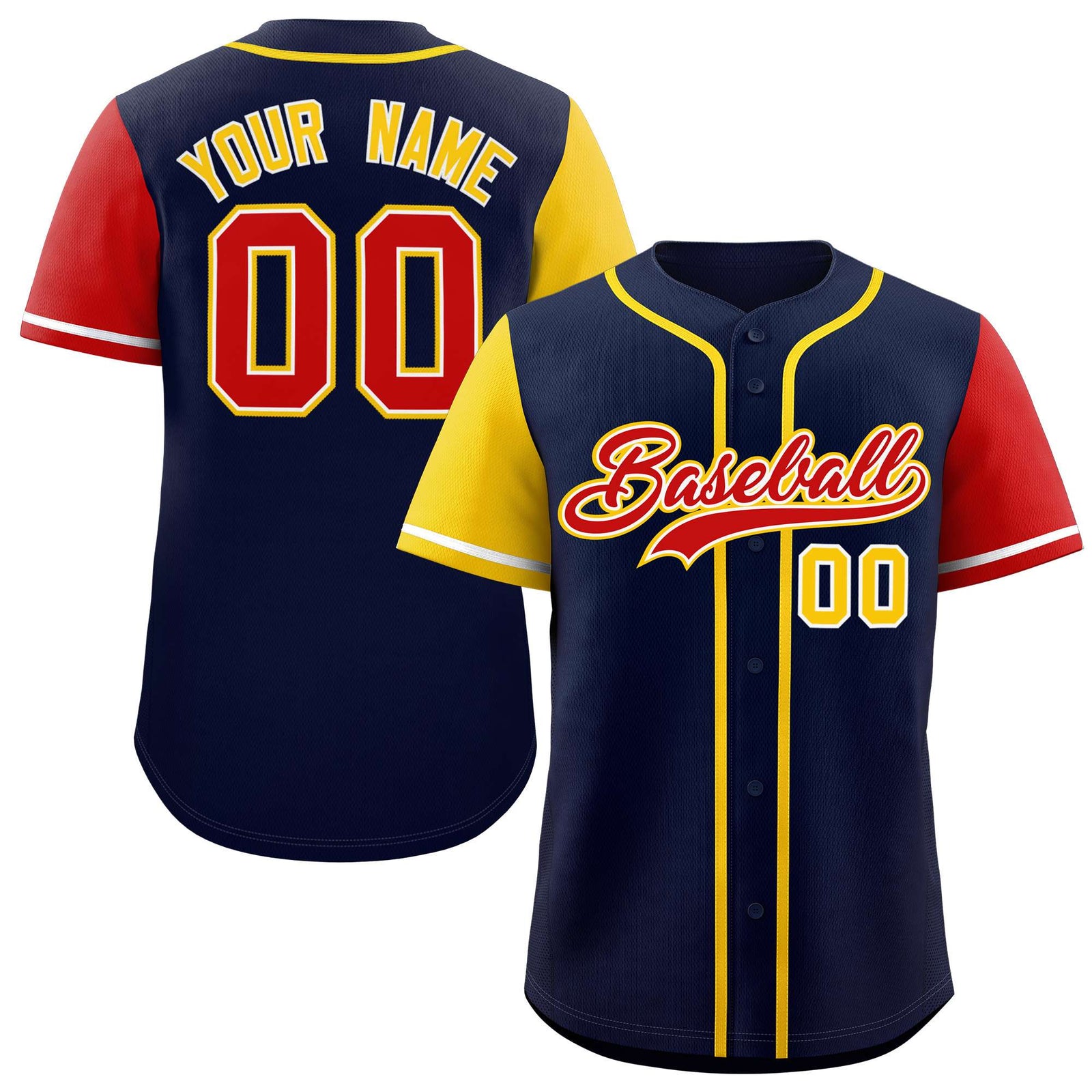 Custom Navy Gold and Red Raglan Sleeves Authentic Baseball Jersey