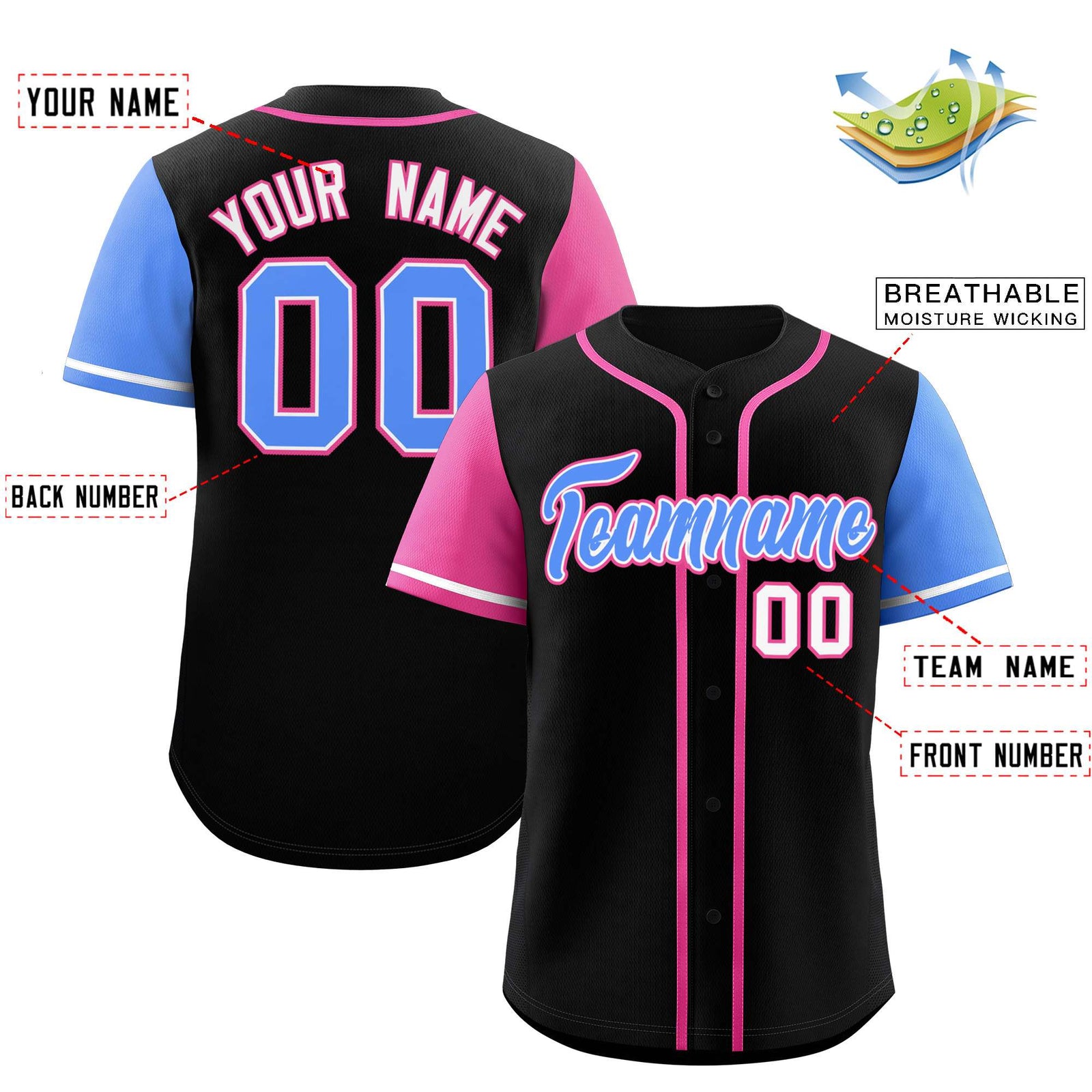 Custom Black Pink and Powder Blue Raglan Sleeves Authentic Baseball Jersey