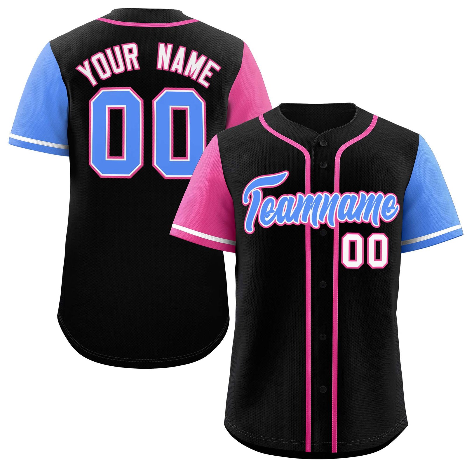 Custom Black Pink and Powder Blue Raglan Sleeves Authentic Baseball Jersey