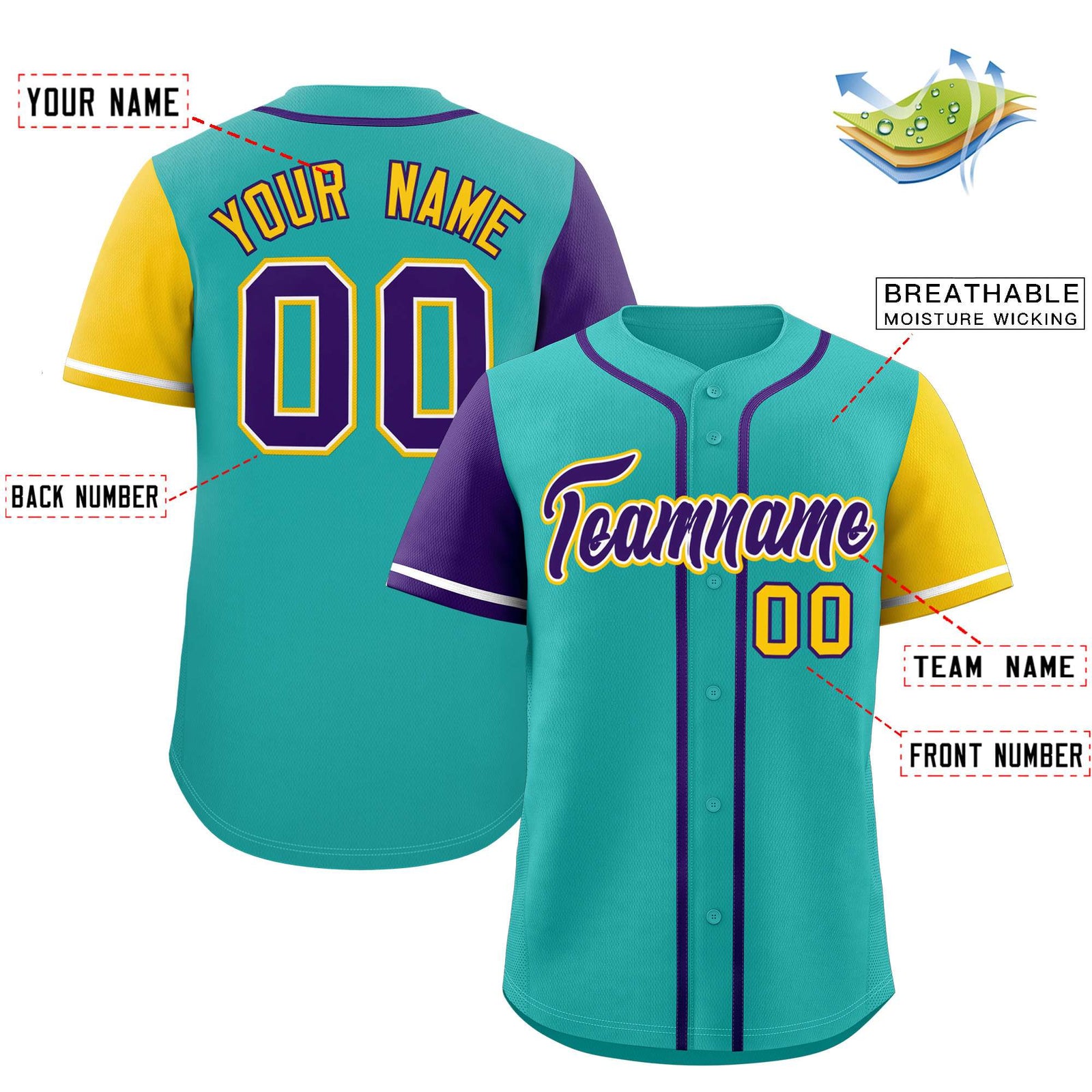 Custom Aqua Purple and Gold Raglan Sleeves Authentic Baseball Jersey