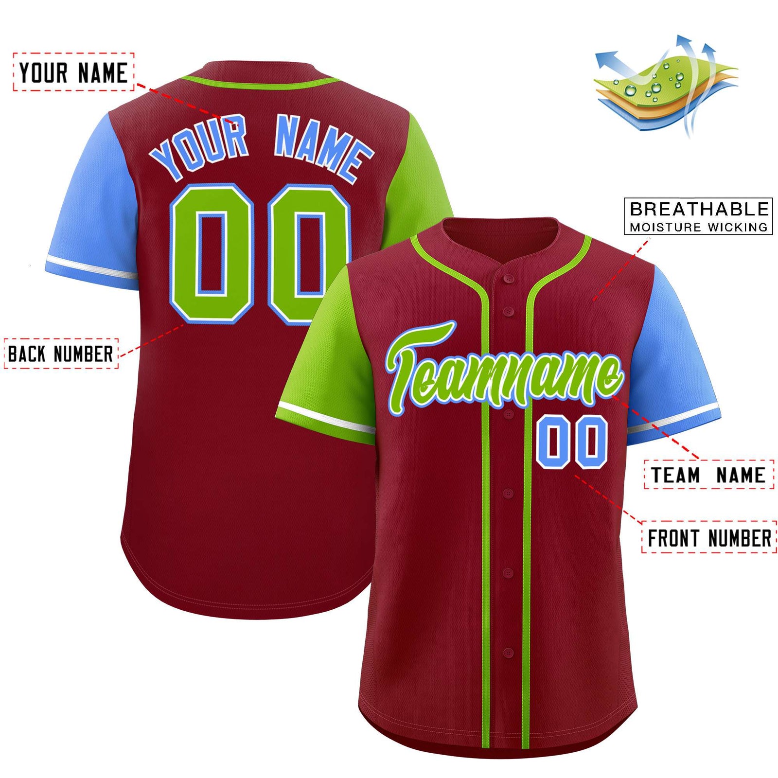 Custom Crimson Neon Green and Powder Blue Raglan Sleeves Authentic Baseball Jersey