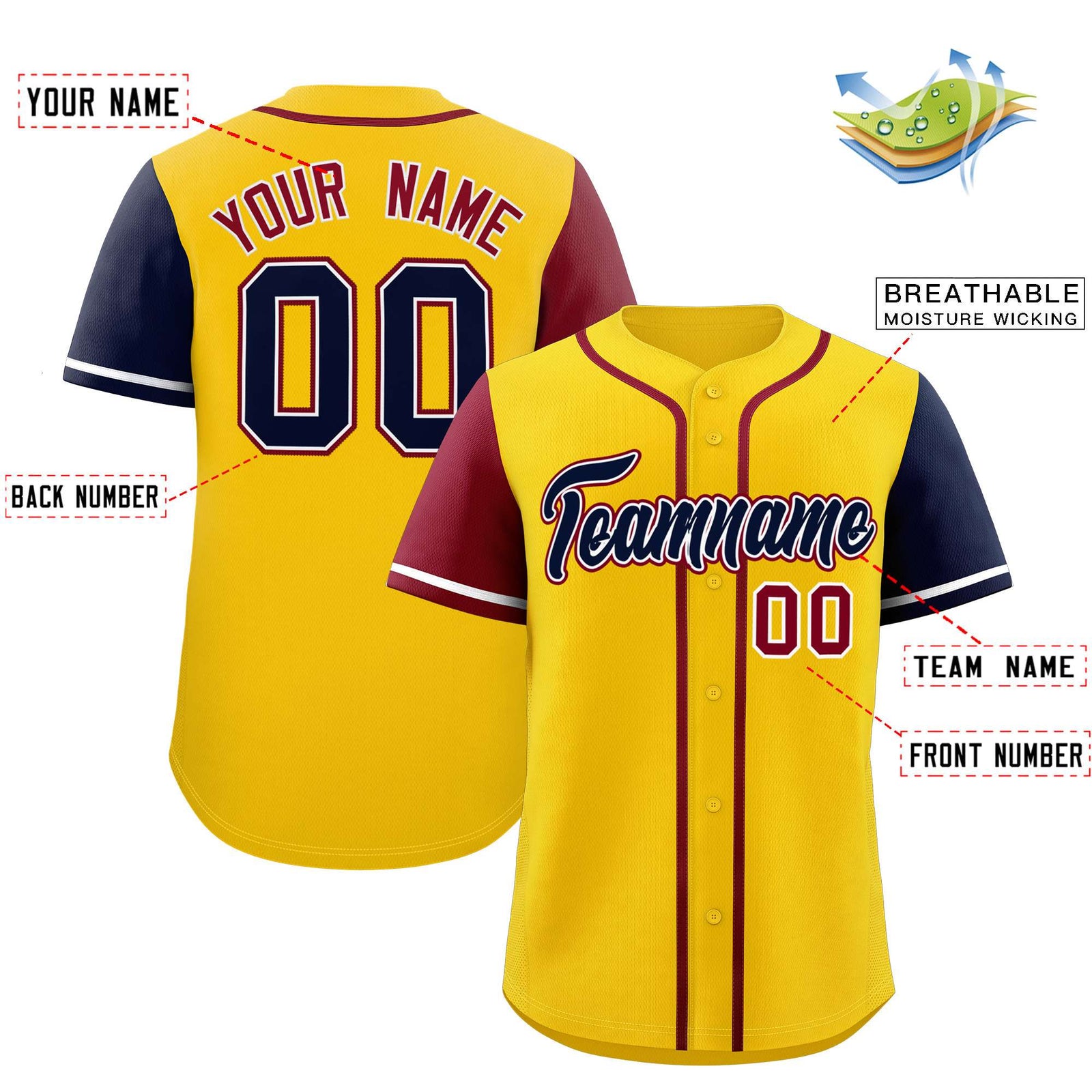 Custom Gold Crimson and Navy Raglan Sleeves Authentic Baseball Jersey