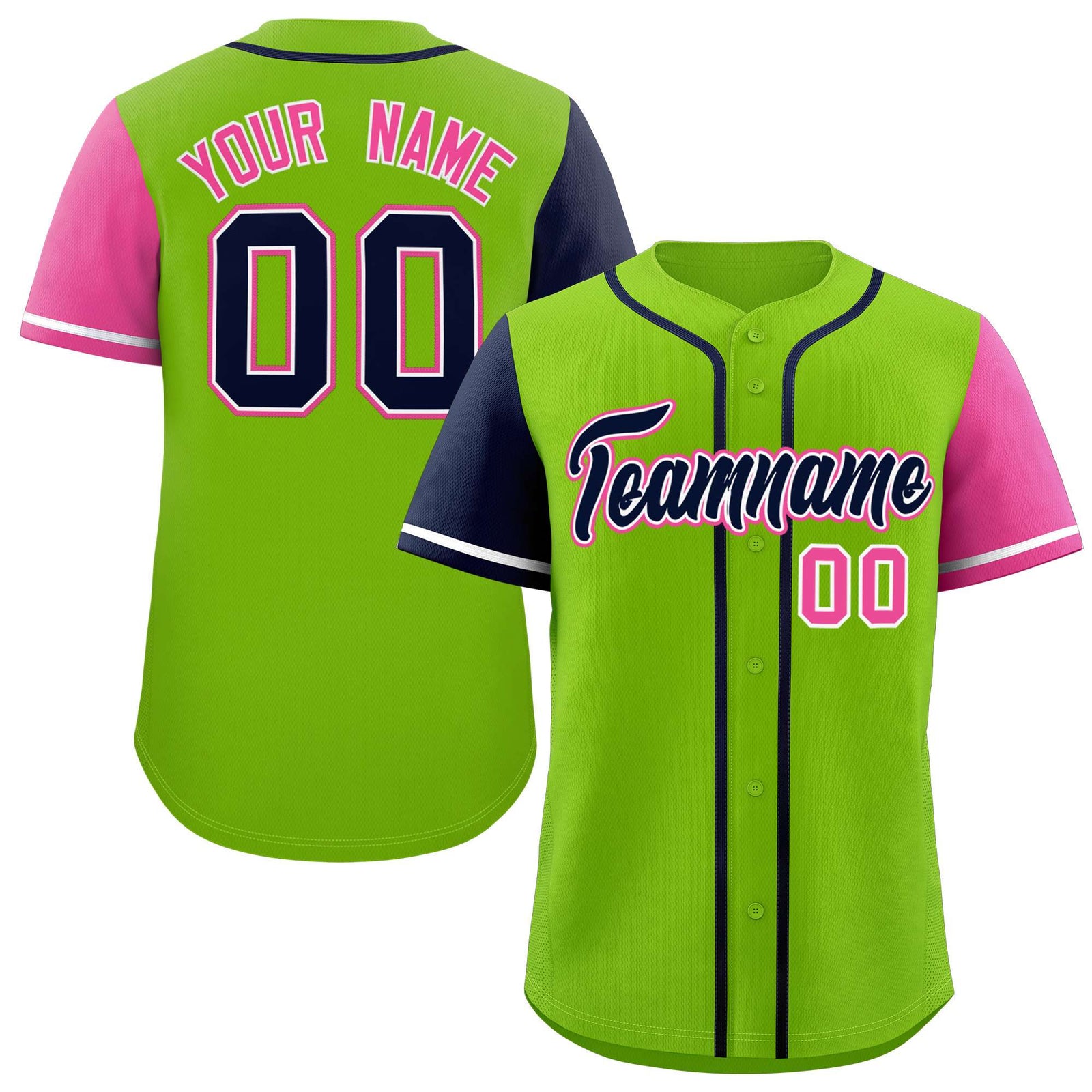 Custom Neon Green Navy and Pink Raglan Sleeves Authentic Baseball Jersey