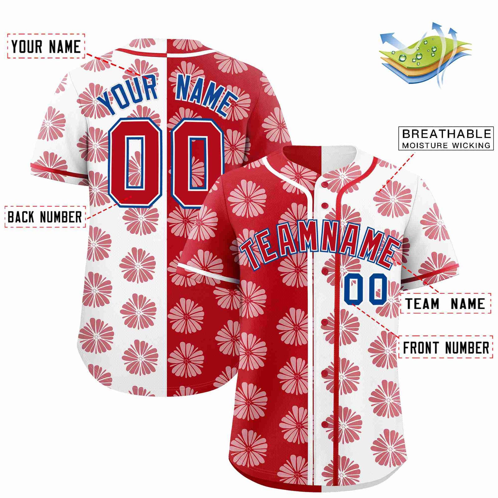 Custom Red White Split Fashion Flower Graffiti Pattern Authentic Baseball Jersey
