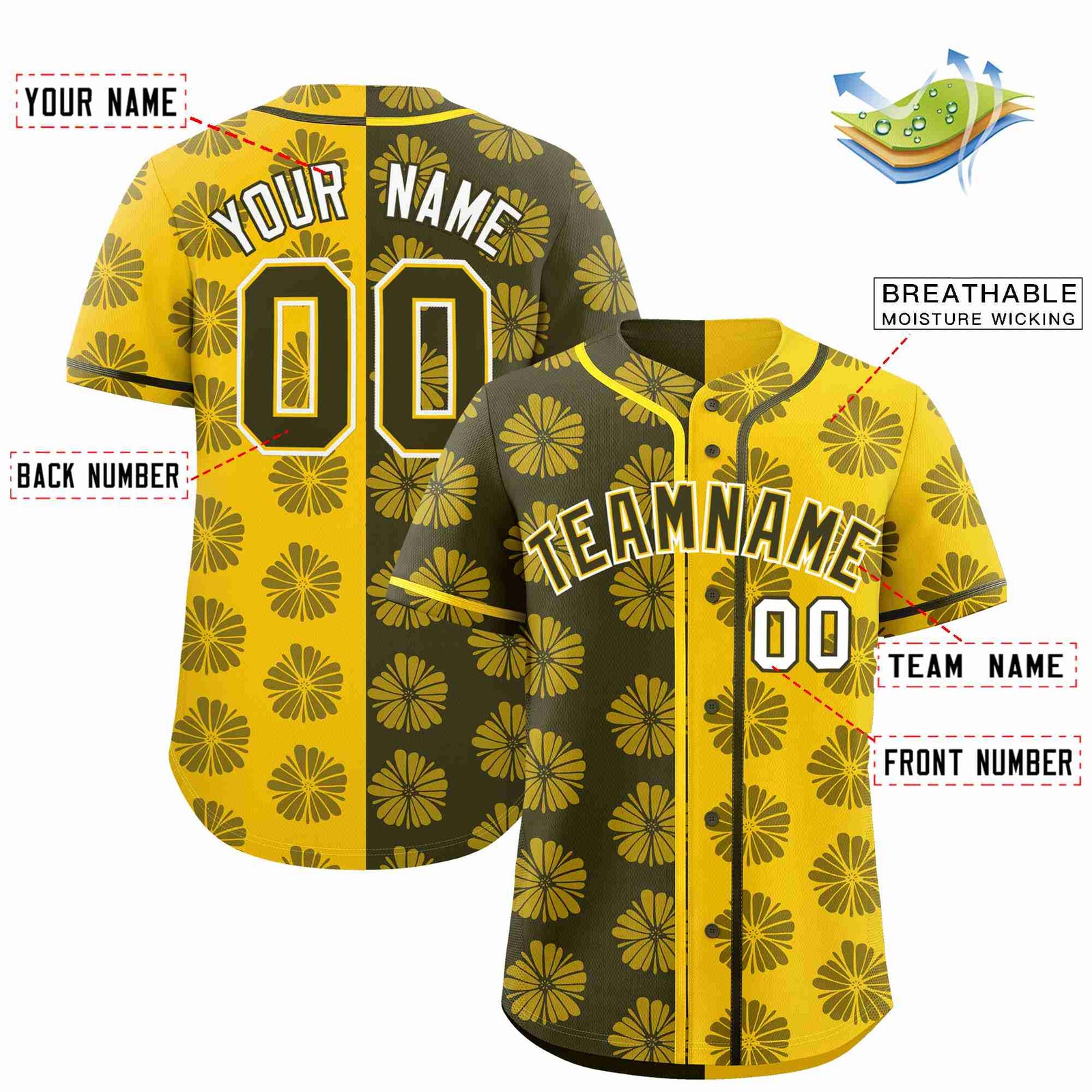 Custom Olive Gold Split Fashion Flower Graffiti Pattern Authentic Baseball Jersey