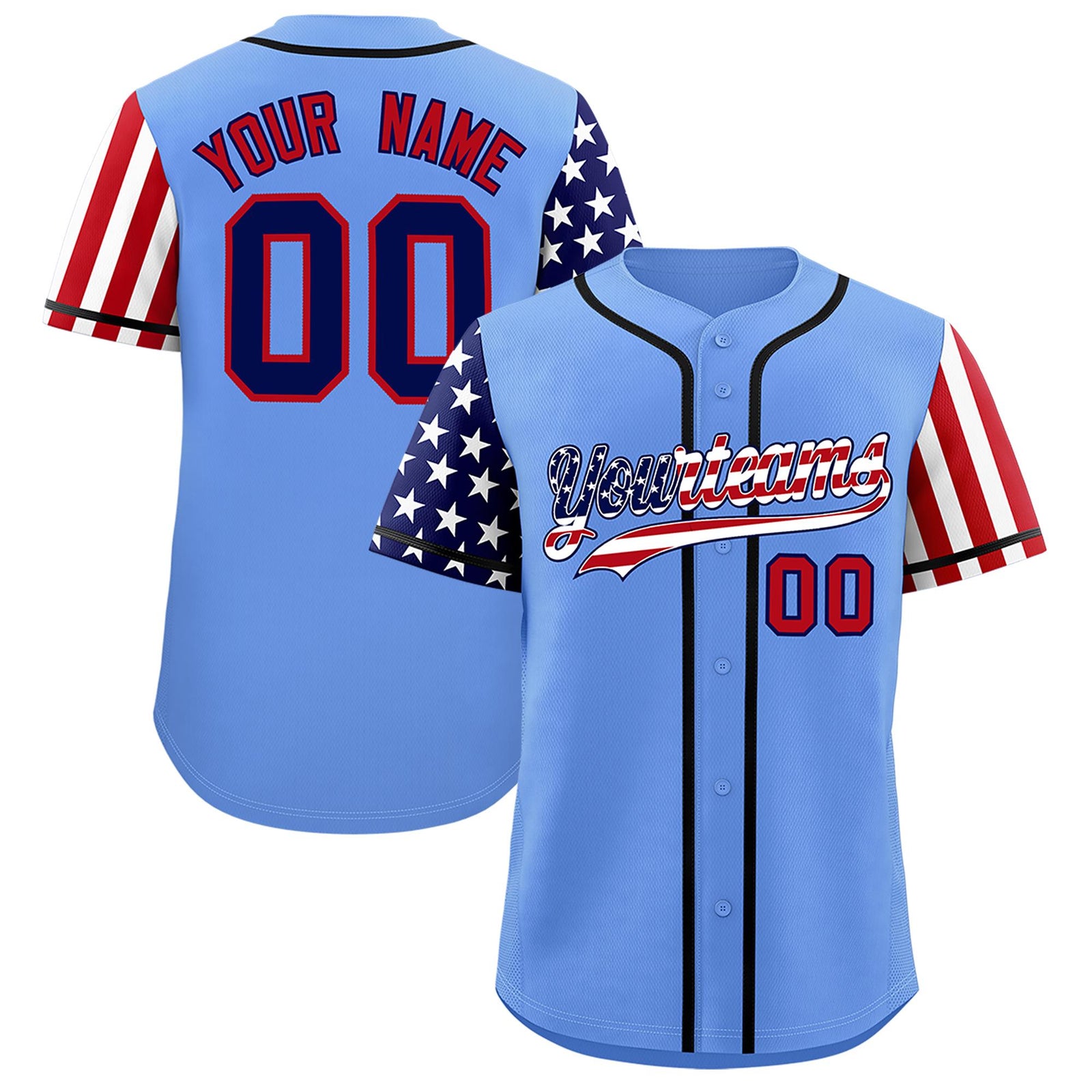 Custom Light Blue American Flag Design Personalized Baseball Jersey
