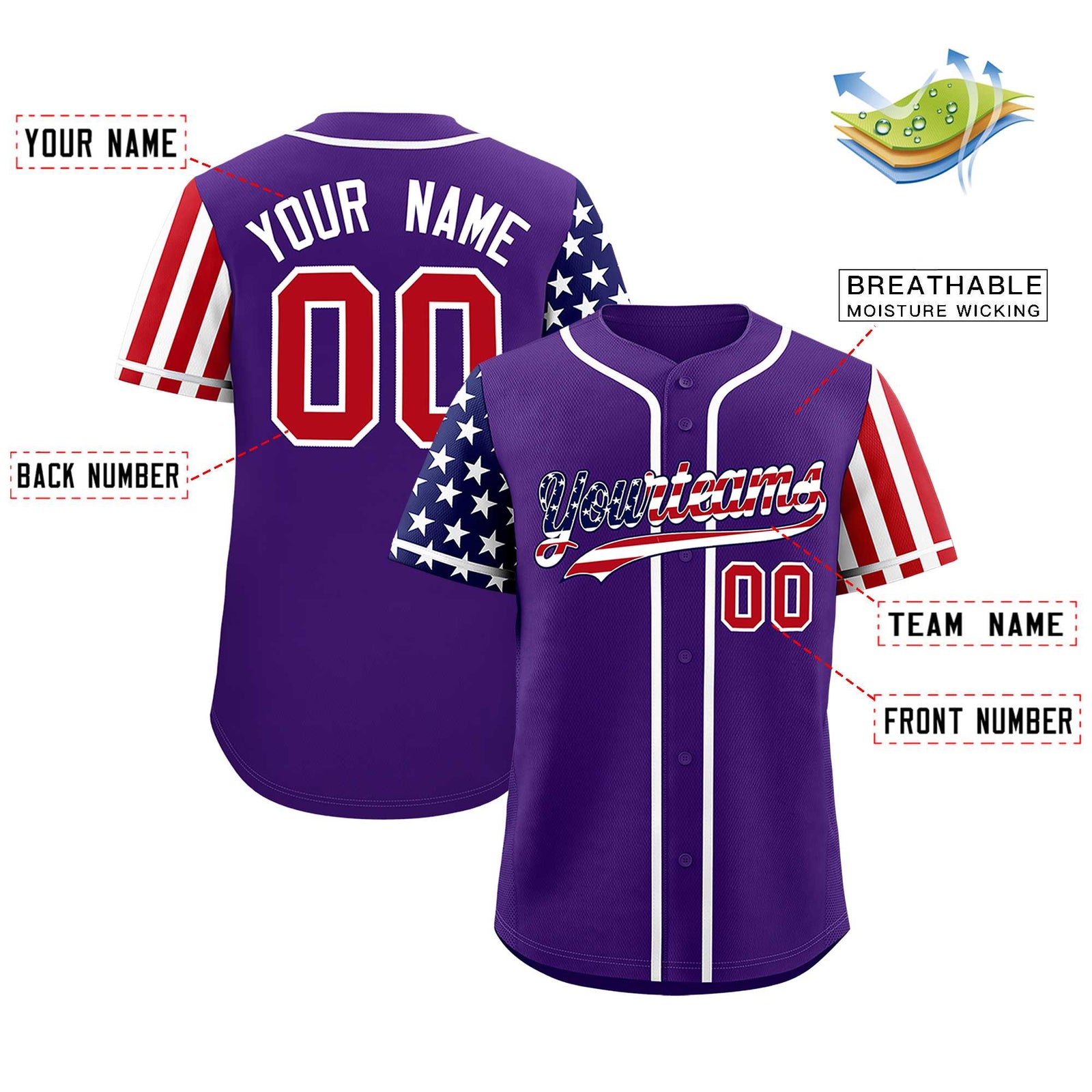 Custom Purple American Flag Design Personalized Baseball Jersey