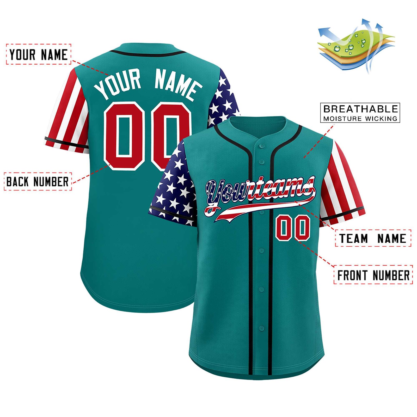 Custom Teal American Flag Design Personalized Baseball Jersey