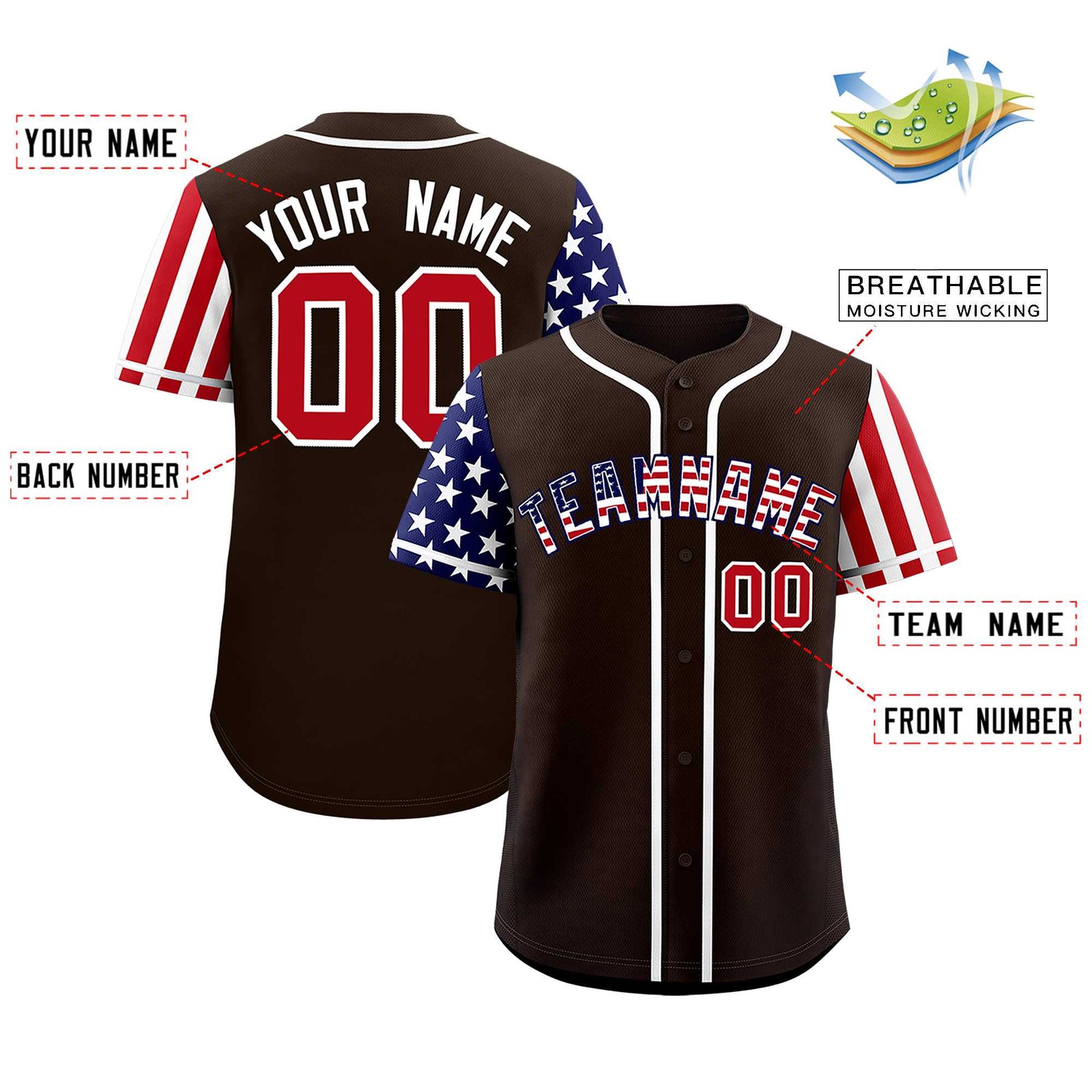 Custom Brown American Flag Design Personalized Baseball Jersey