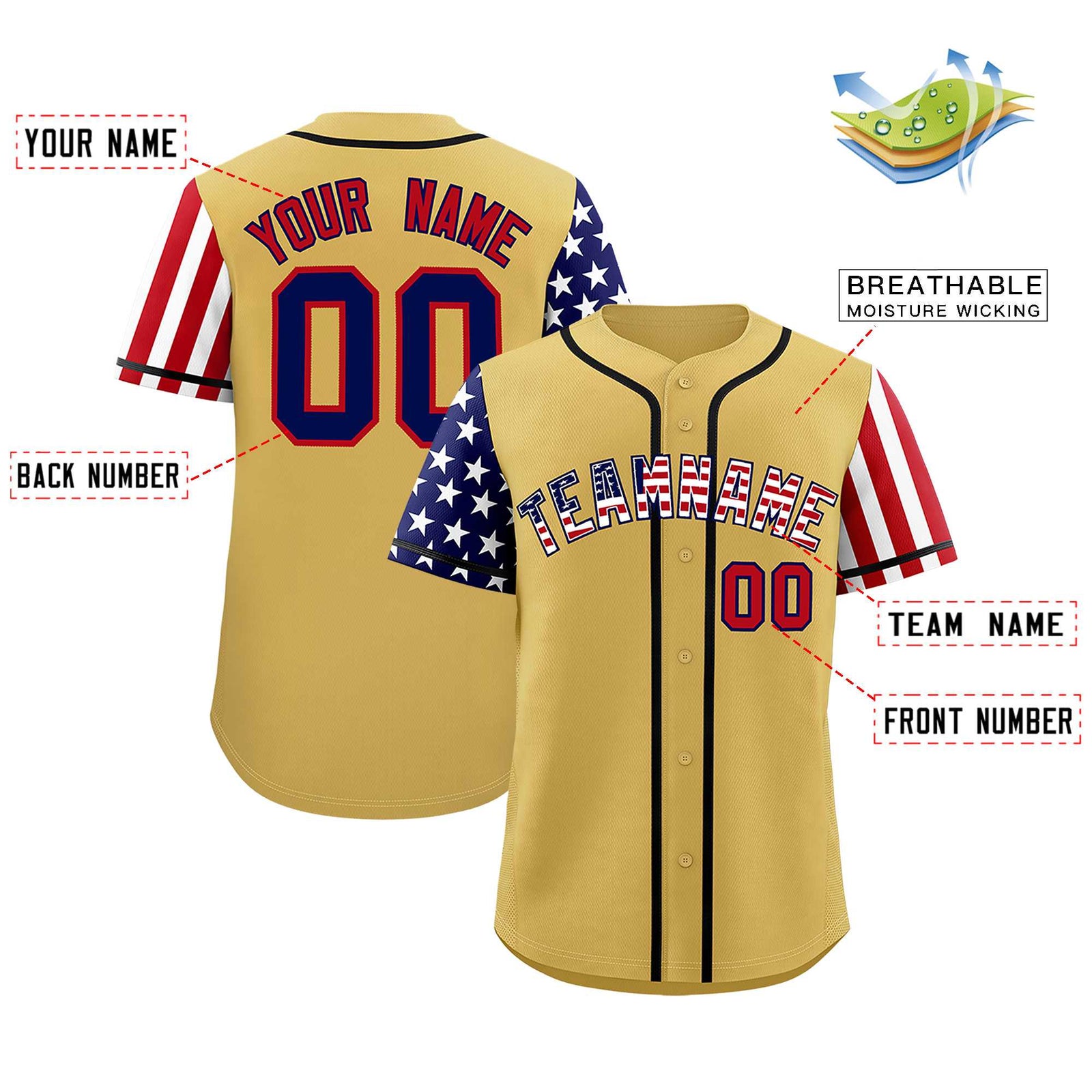 Custom Old Gold American Flag Design Personalized Baseball Jersey