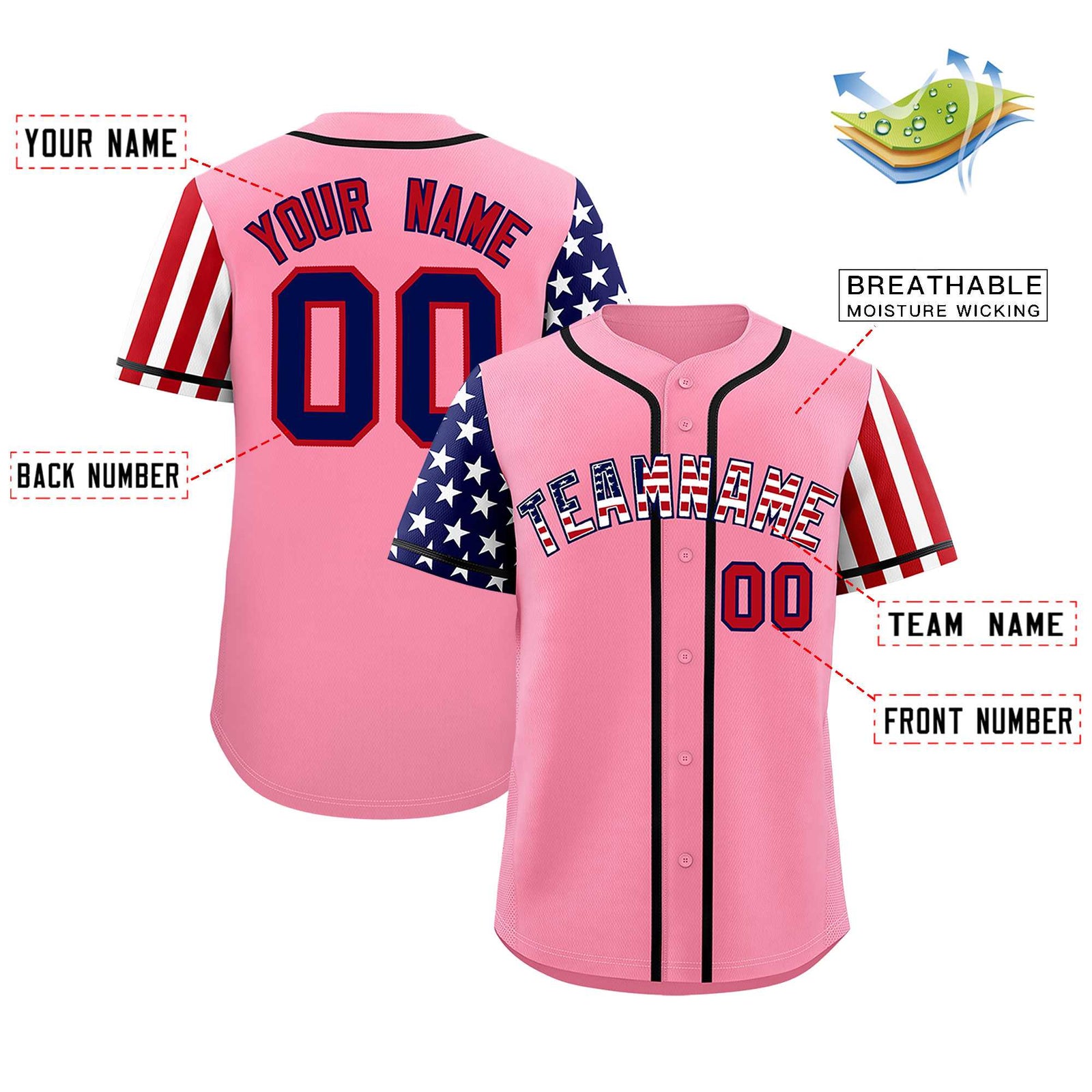 Custom Light Pink American Flag Design Personalized Baseball Jersey