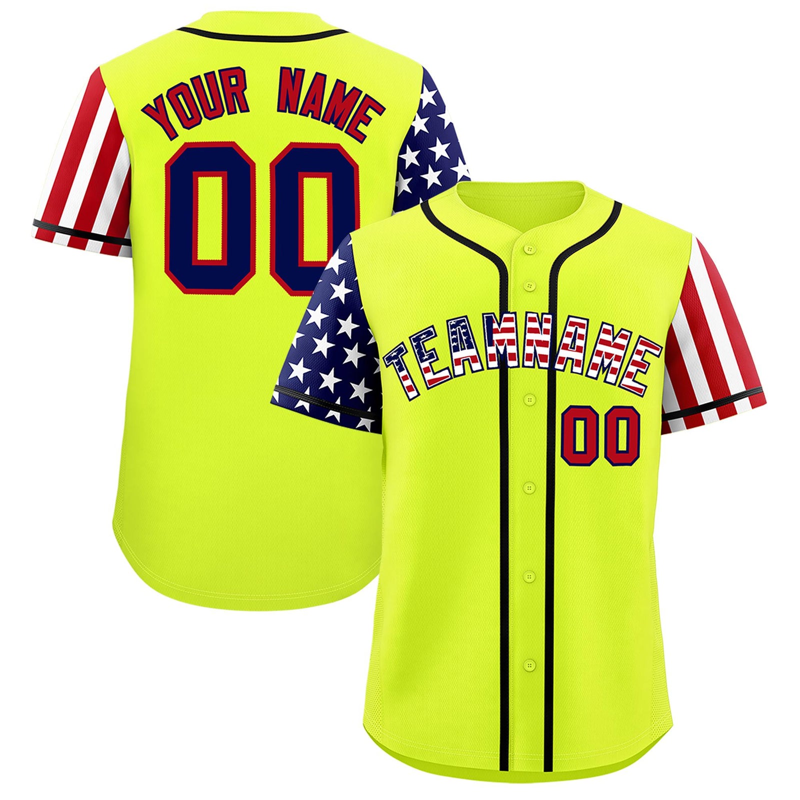 Custom Fluorescent Green American Flag Design Personalized Baseball Jersey