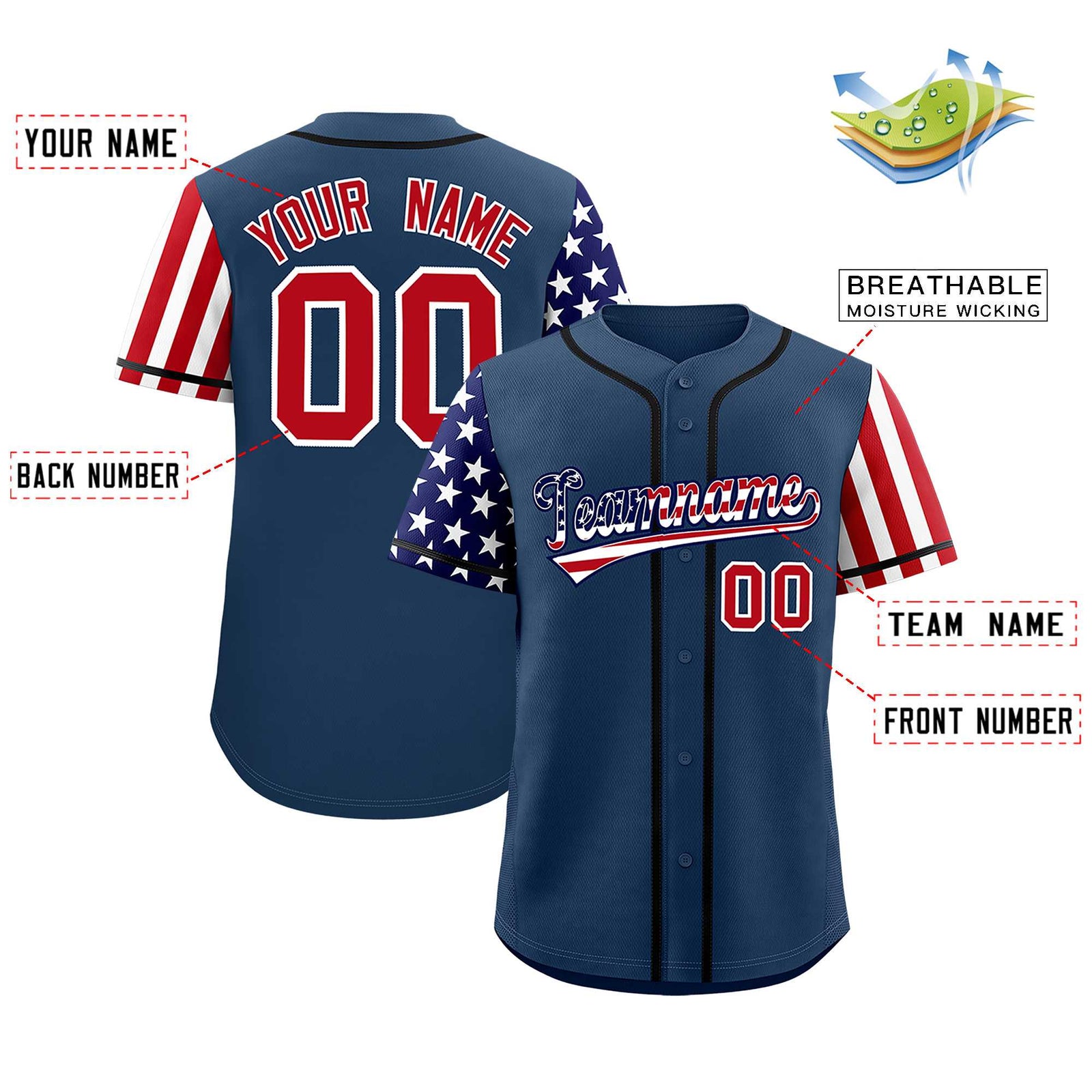 Custom Midnight Blue American Flag Design Personalized Baseball Jersey