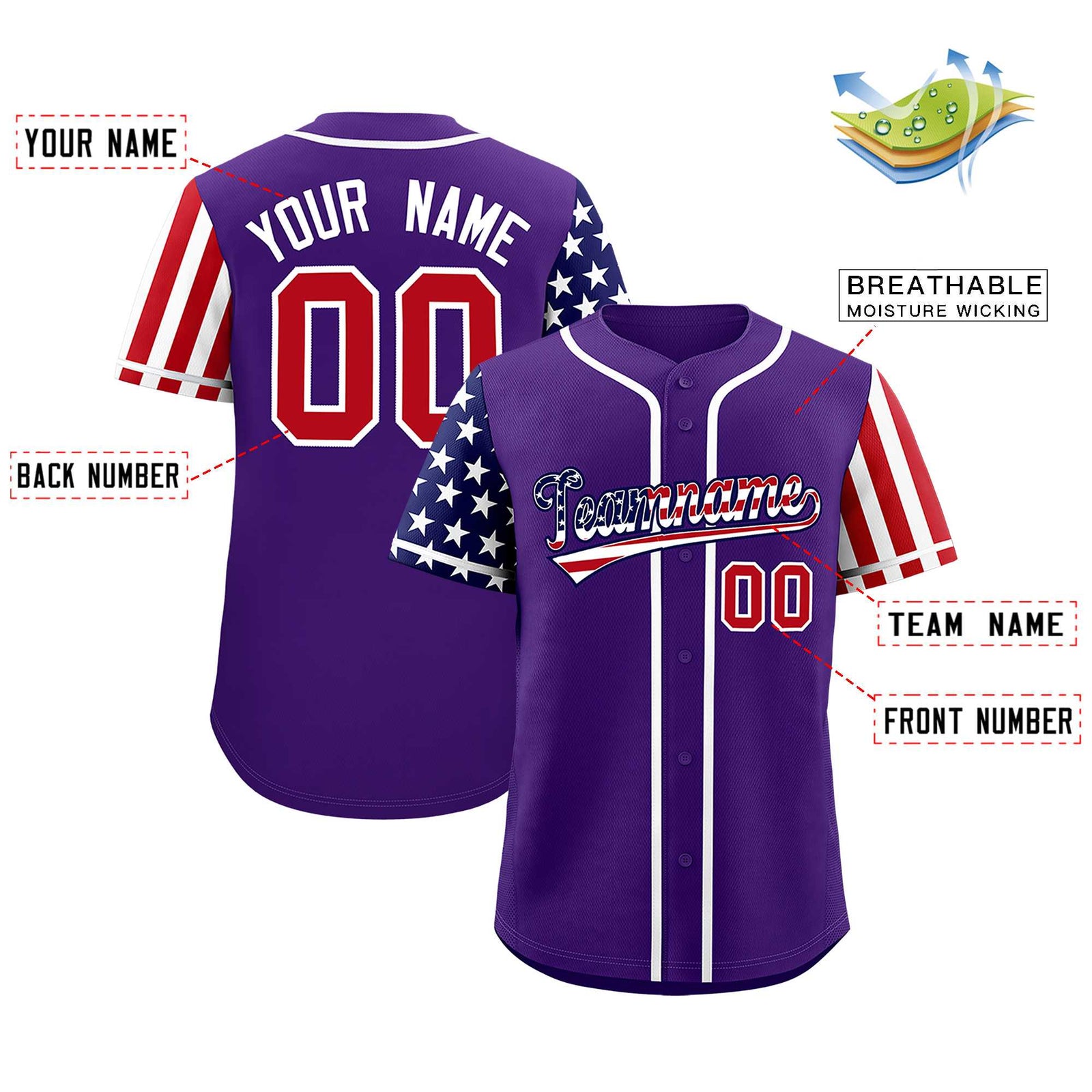 Custom Purple American Flag Design Personalized Baseball Jersey