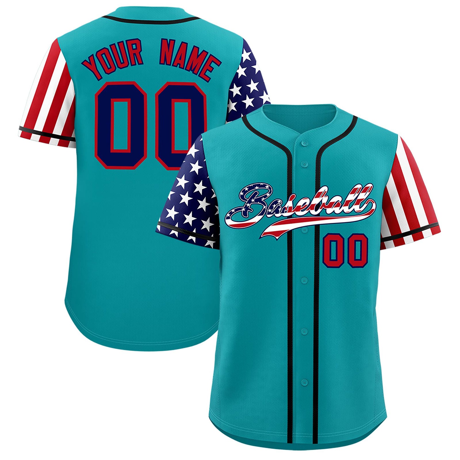 Custom Aqua American Flag Design Personalized Baseball Jersey