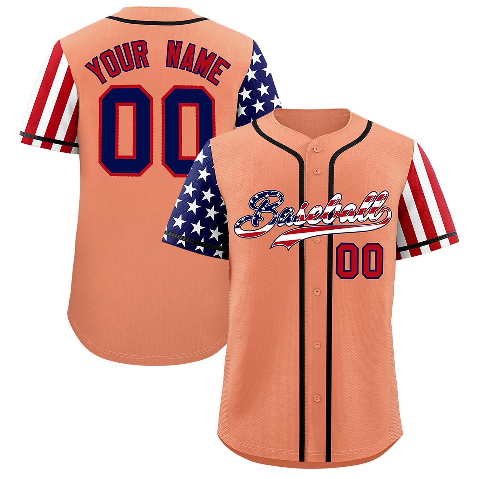 Custom Light Orange American Flag Design Personalized Baseball Jersey