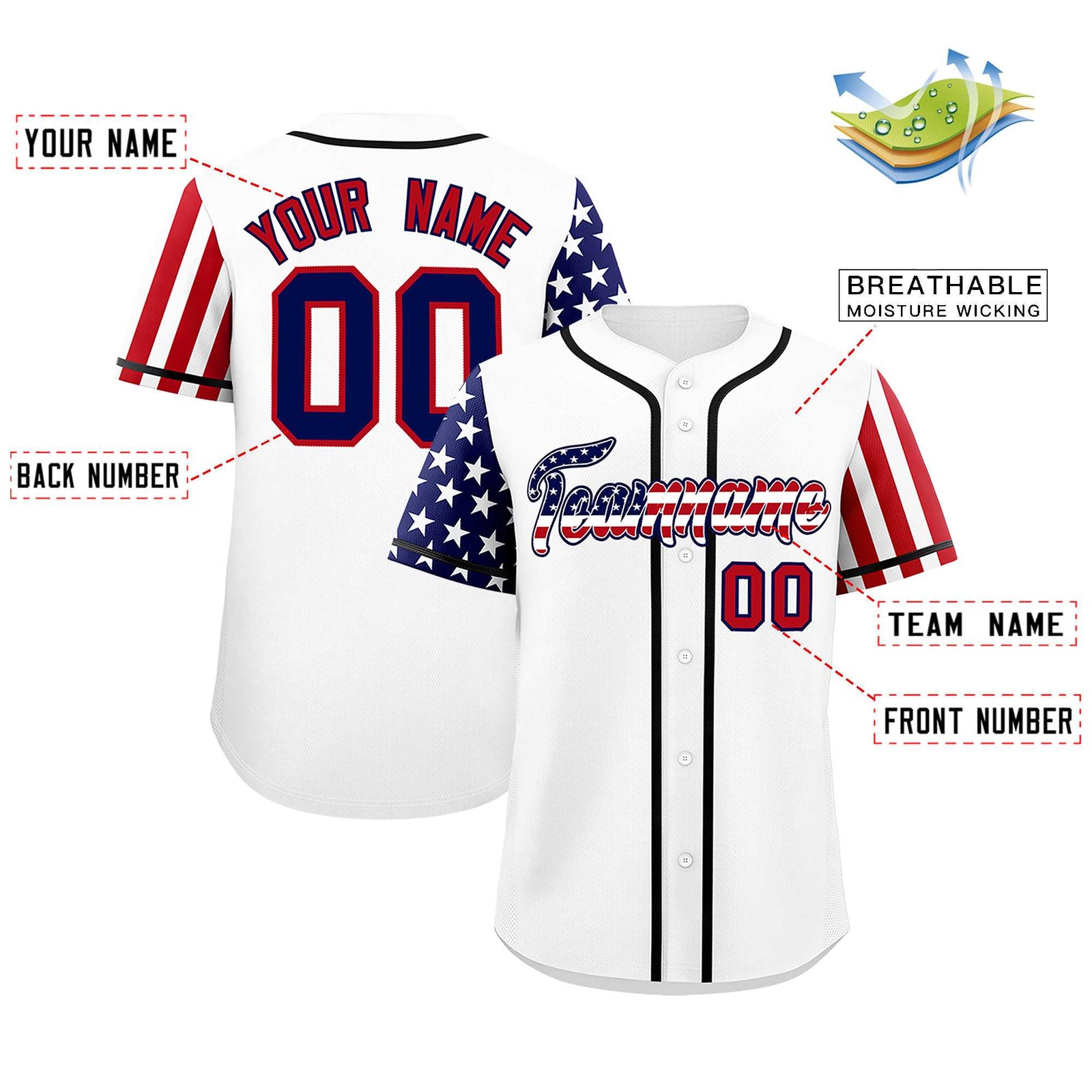 Custom White American Flag Design Personalized Baseball Jersey